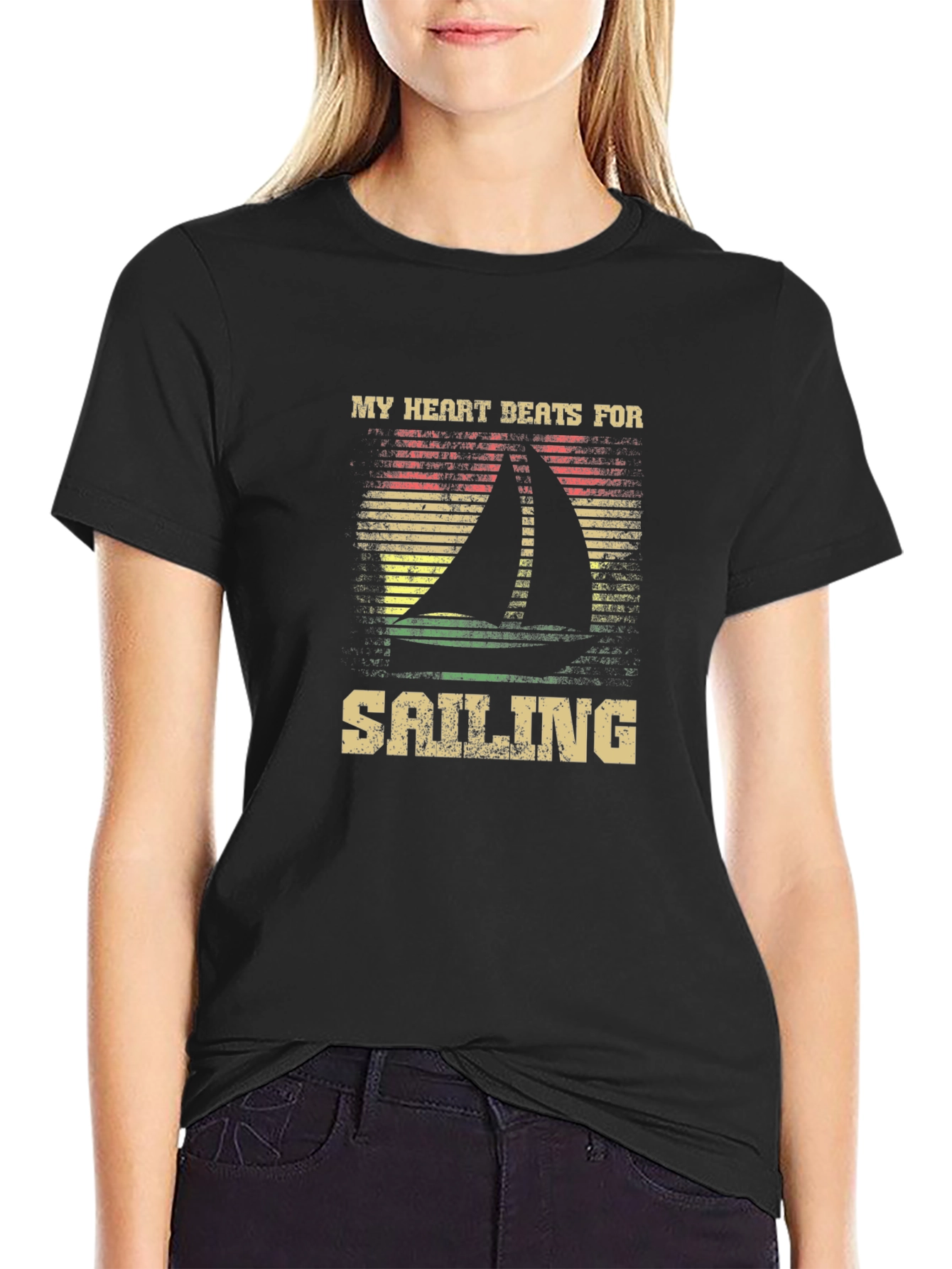 Black Sailing Heartbeat Graphic Tee - Boating Lover T-Shirt view 2
