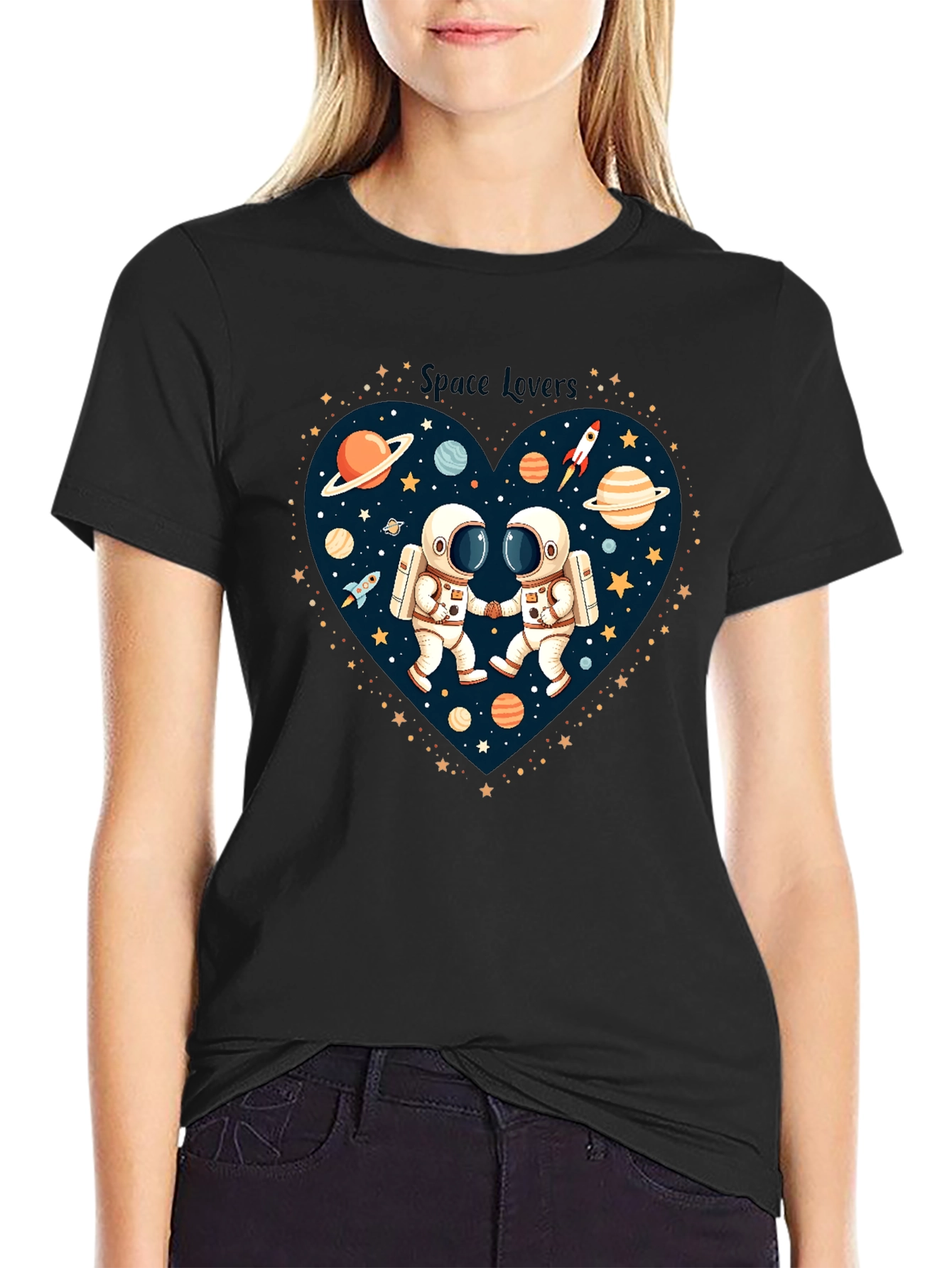 Black Space Lovers Graphic T-Shirt - Astronauts in Love! view 2