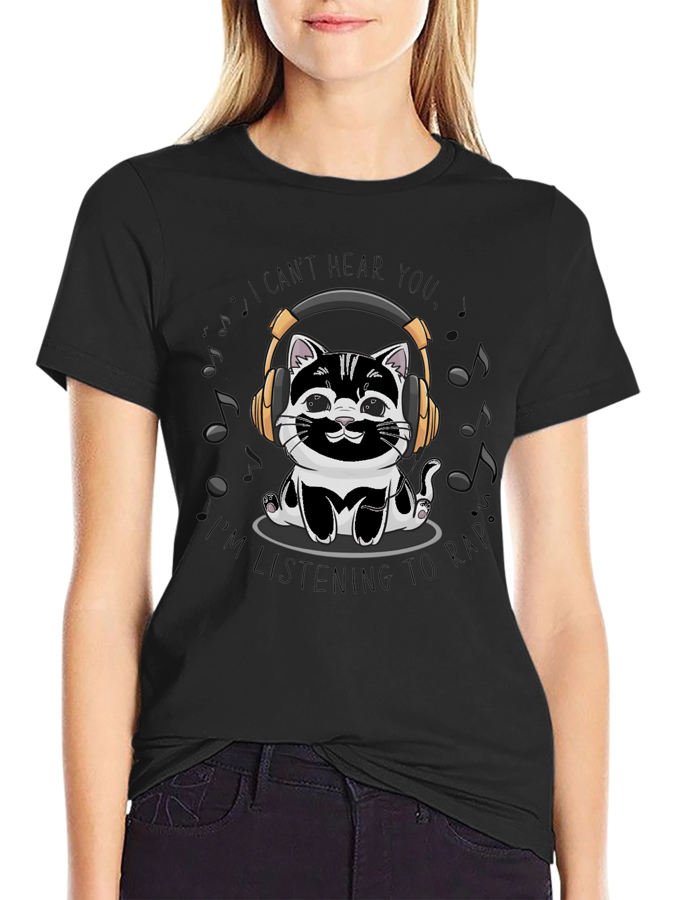 Black Cat Headphones T-Shirt - I Can't Hear You, Listening to Rap view 2