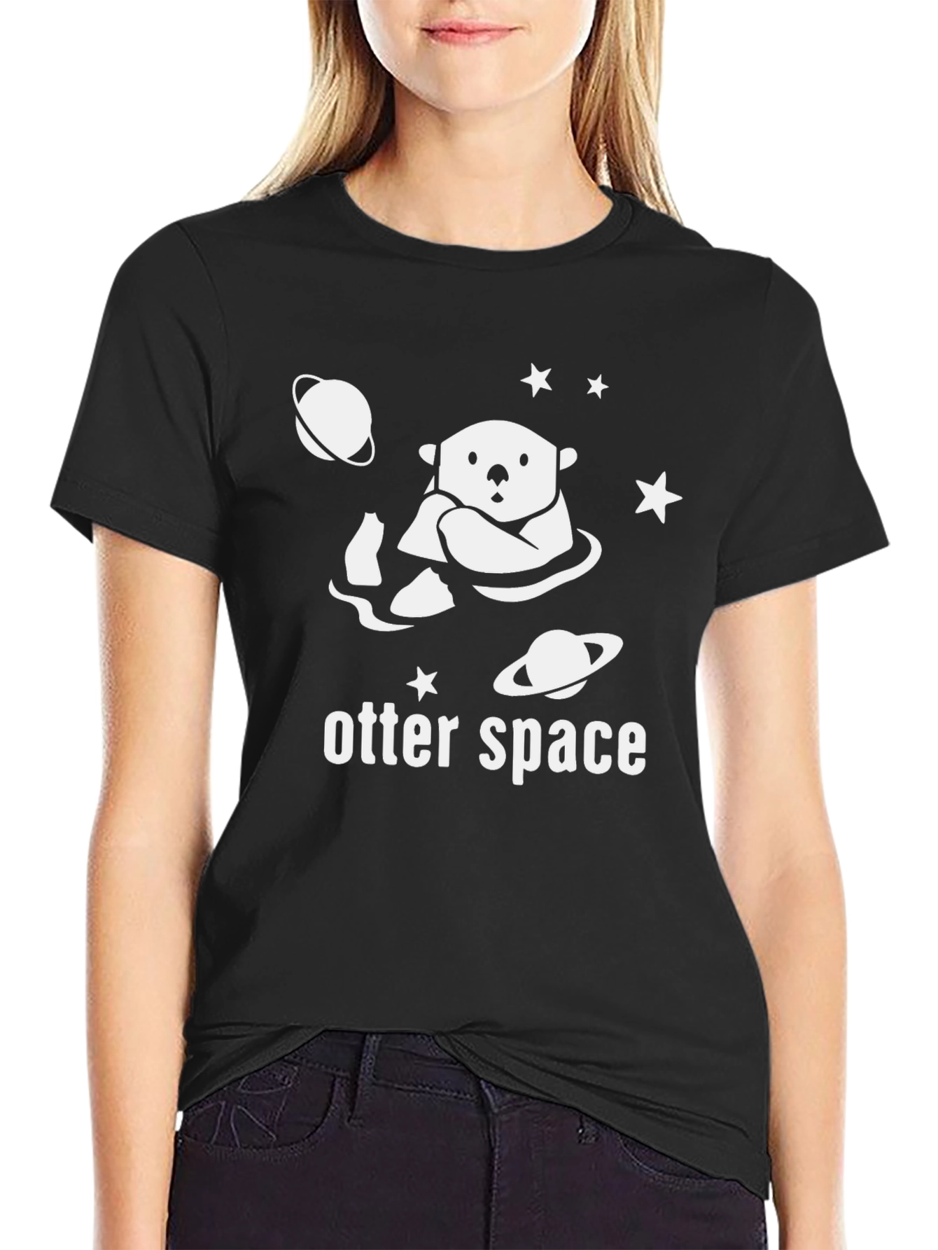 Black Otter Space Graphic Tee - Black Cotton T-Shirt view 2