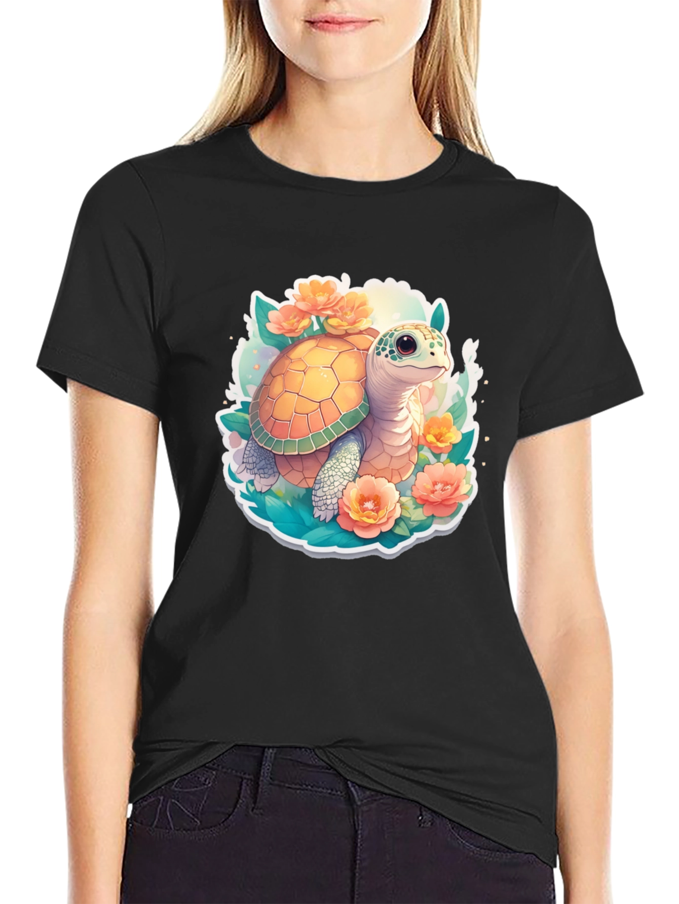 Black Turtle & Floral Graphic T-Shirt view 2