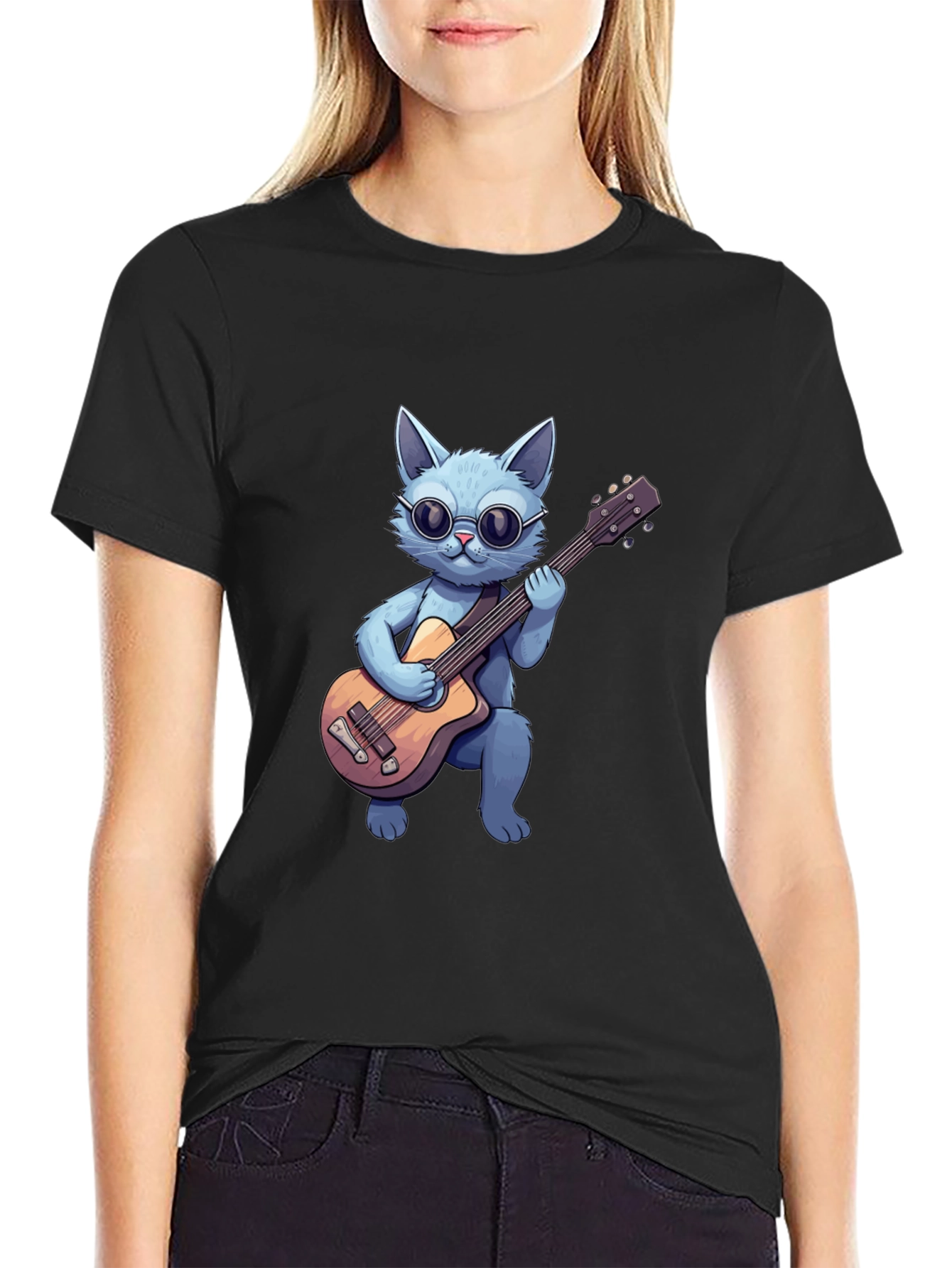 Black Cool Cat Guitarist T-Shirt view 2