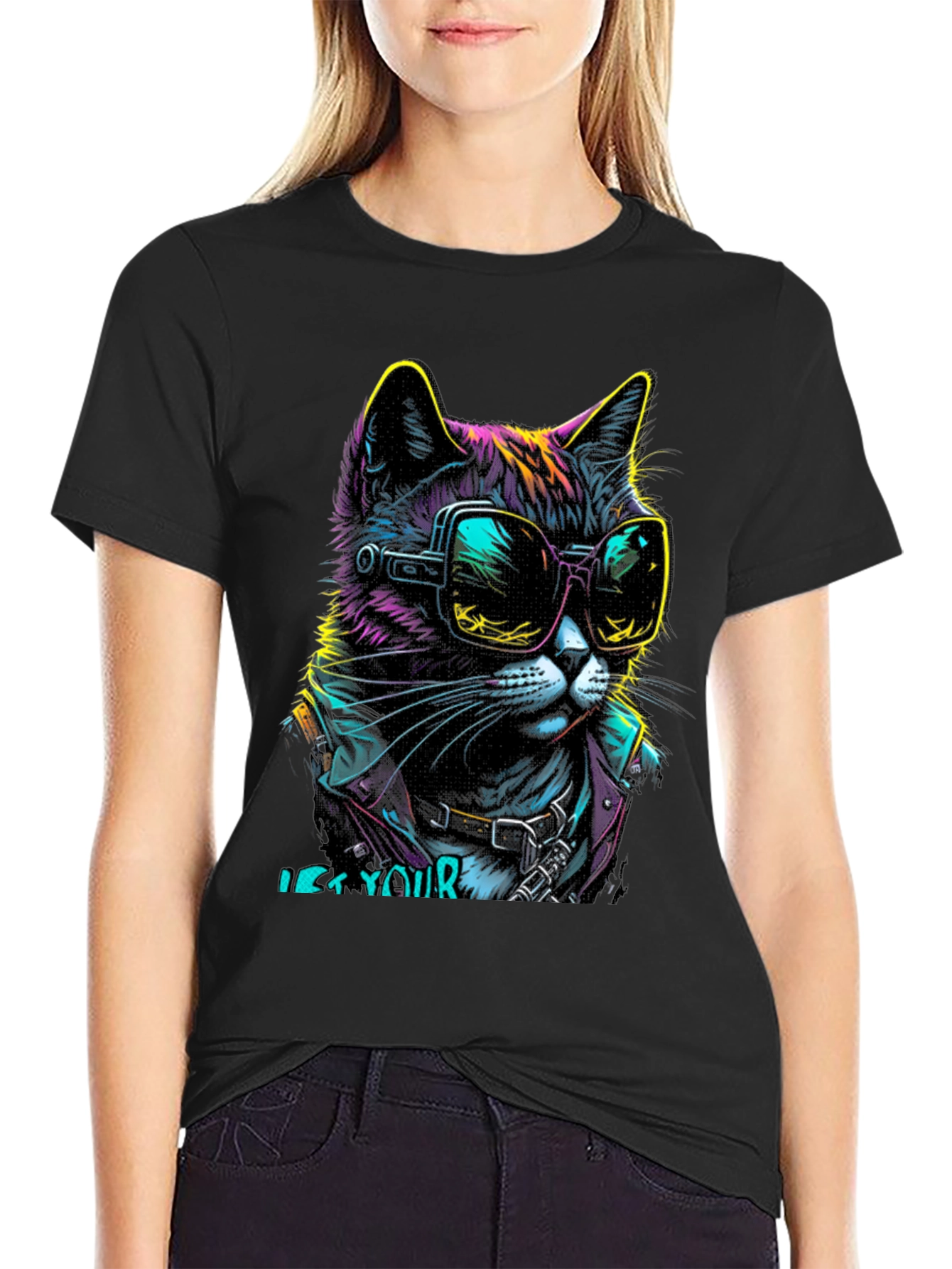 Black Cool Cat Graphic T-Shirt - Unique Neon Design view 2