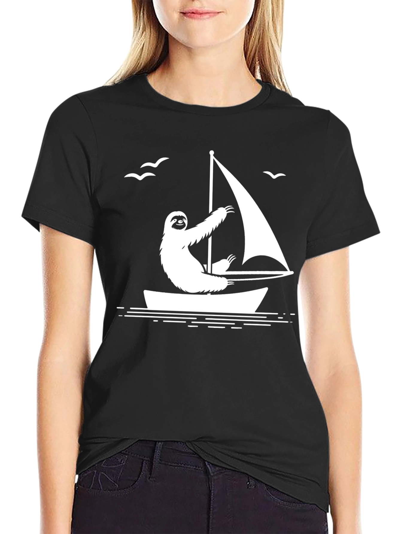 Black Sloth Sailing T-Shirt - Relaxed & Unique Design view 2