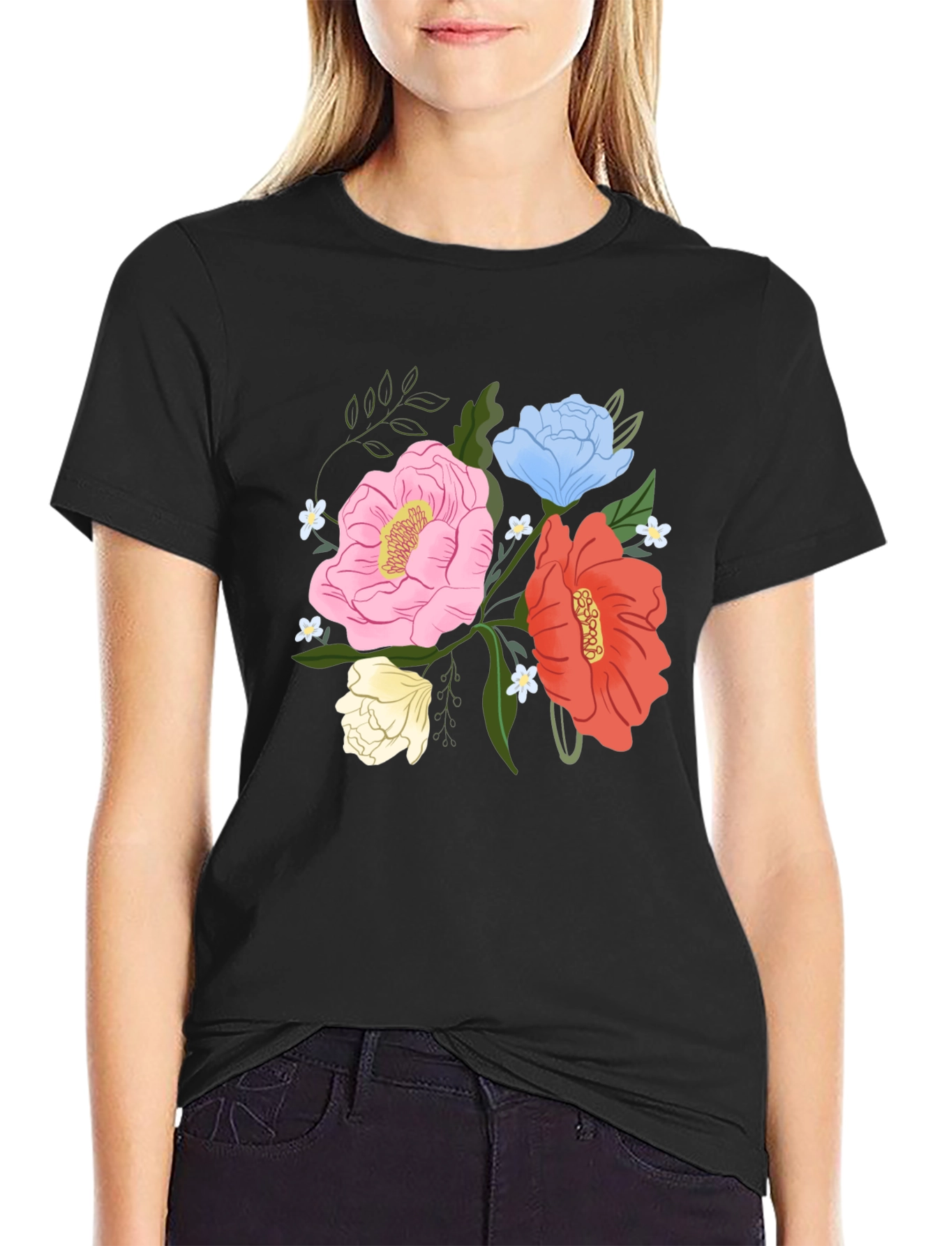 Black Floral Graphic Men's Black T-Shirt view 2