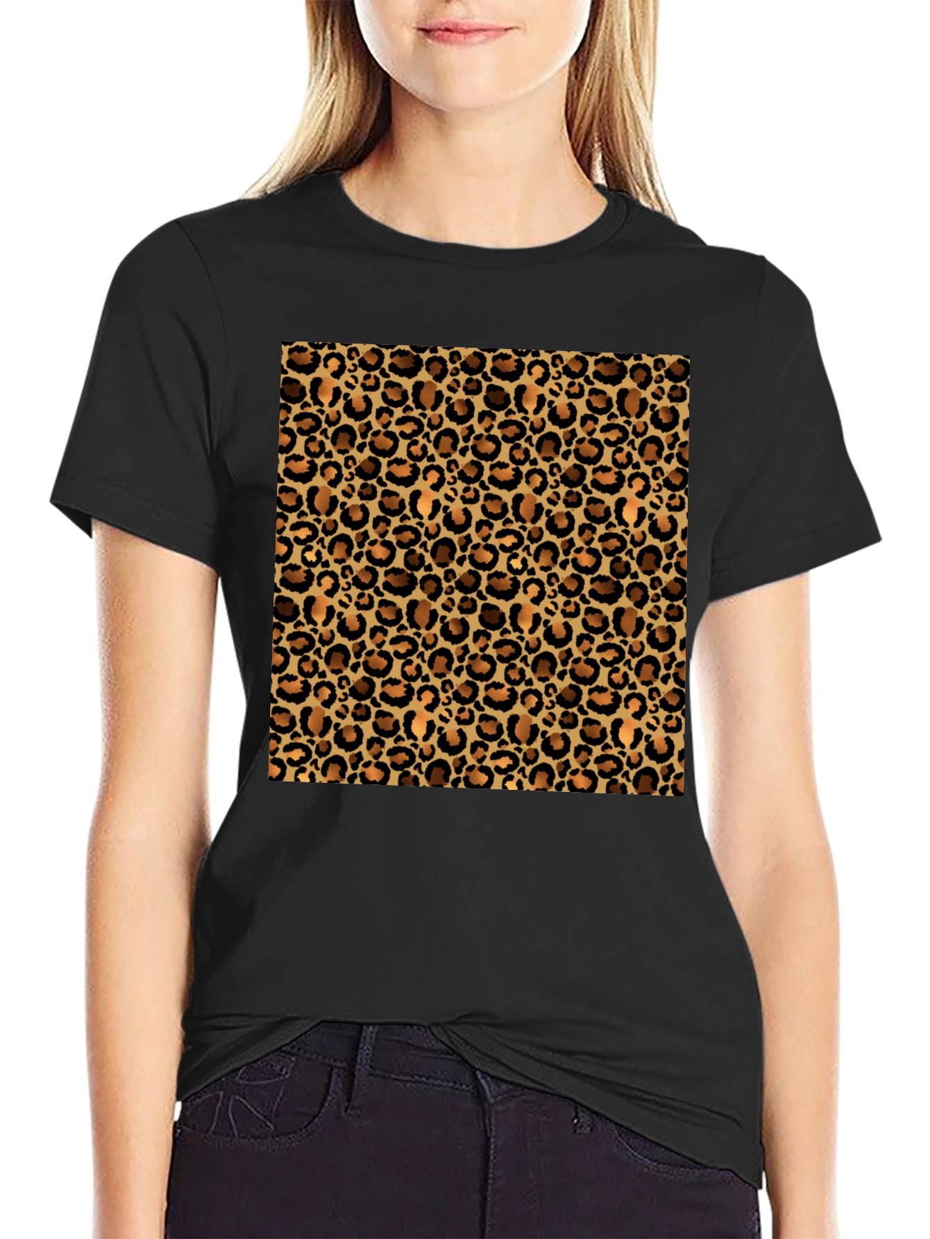 Black Leopard Print Black T-Shirt - Casual Fashion view 2