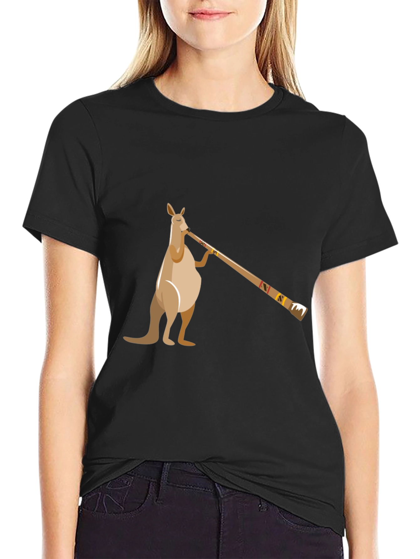 Black Kangaroo Didgeridoo T-Shirt - Black Cotton Tee view 2