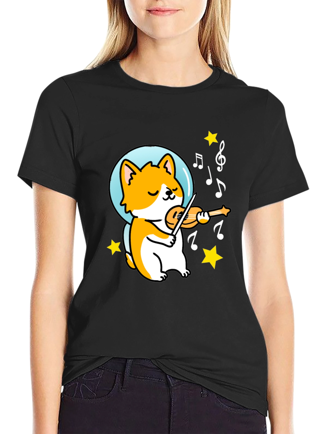 Black Musical Corgi Graphic Tee - Black Cotton T-Shirt view 2
