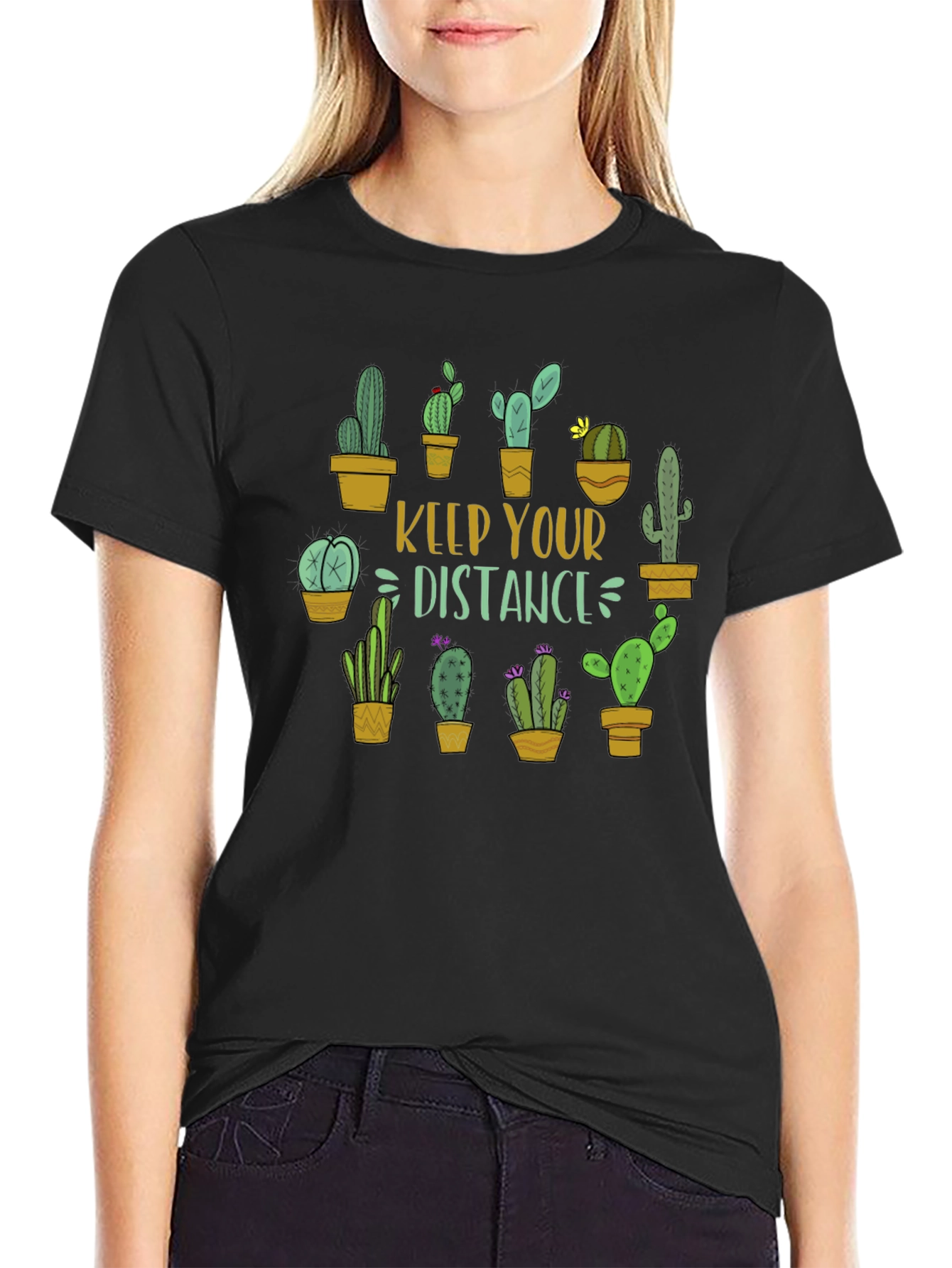 Black Keep Your Distance Cactus Graphic Tee view 2