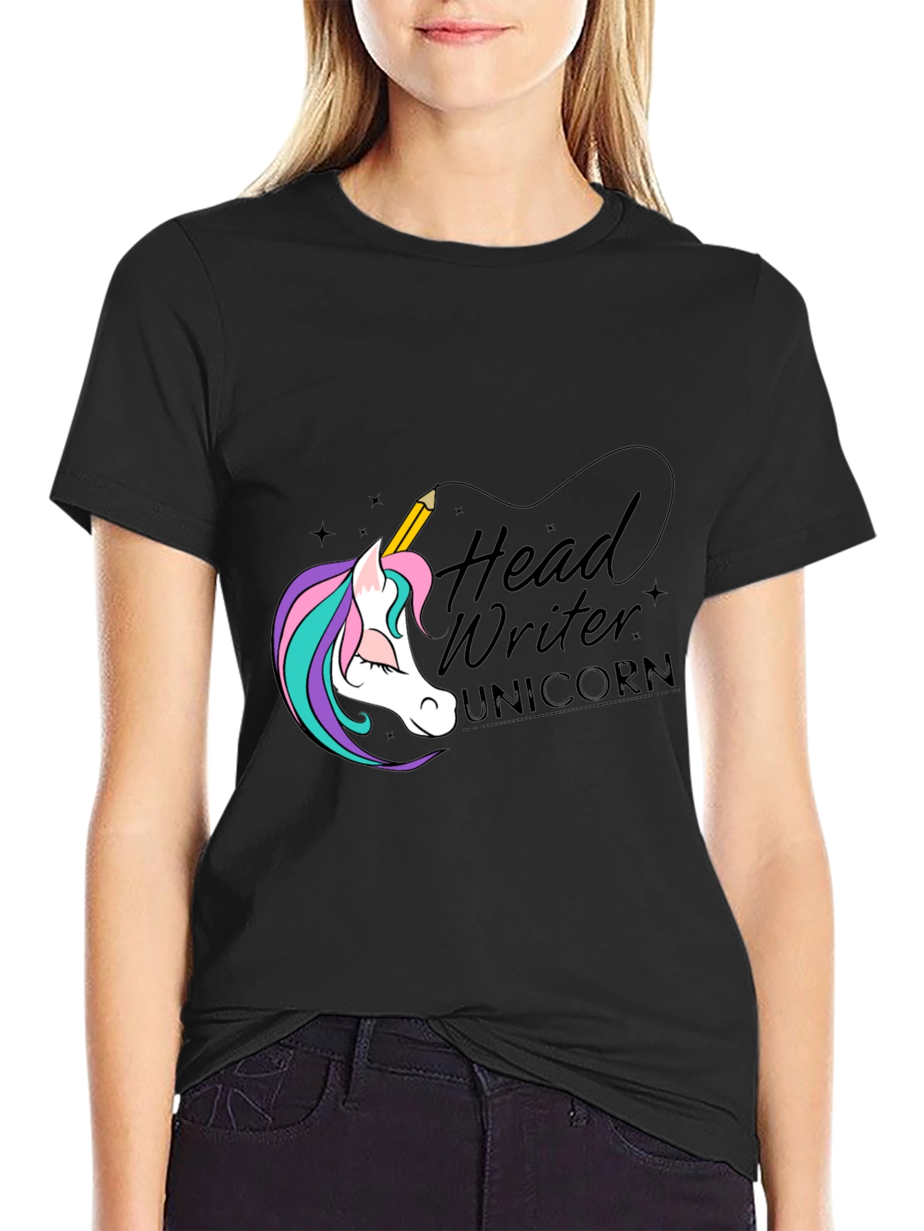 Black Head Writer Unicorn Graphic Tee - Black view 2