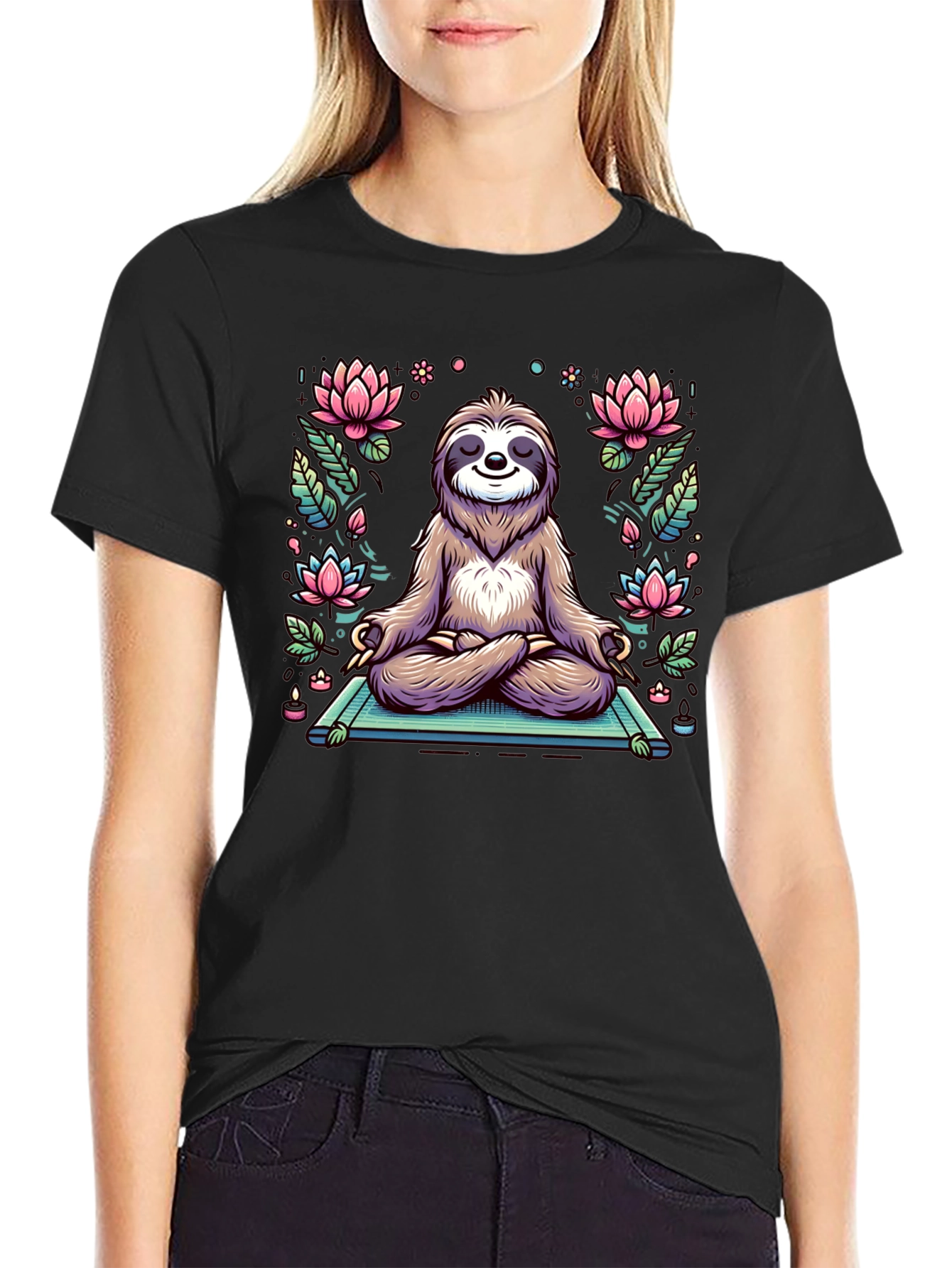 Black Zen Sloth T-Shirt - Meditating Animal Tee view 2