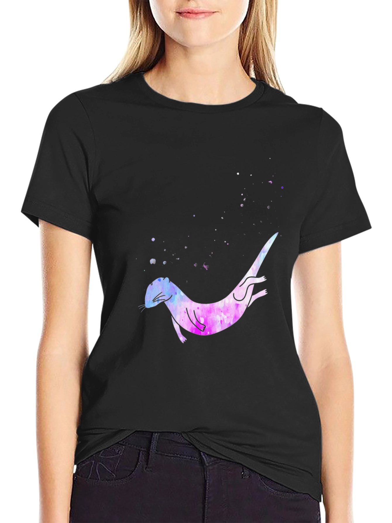 Black Otter Galaxy T-Shirt - Unique Watercolor Design view 2