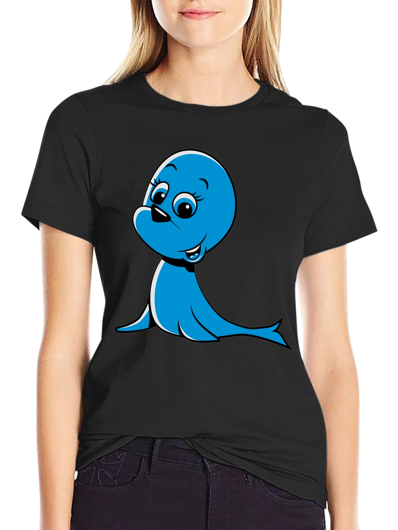 Black Blue Cartoon Seal Graphic T-Shirt view 2