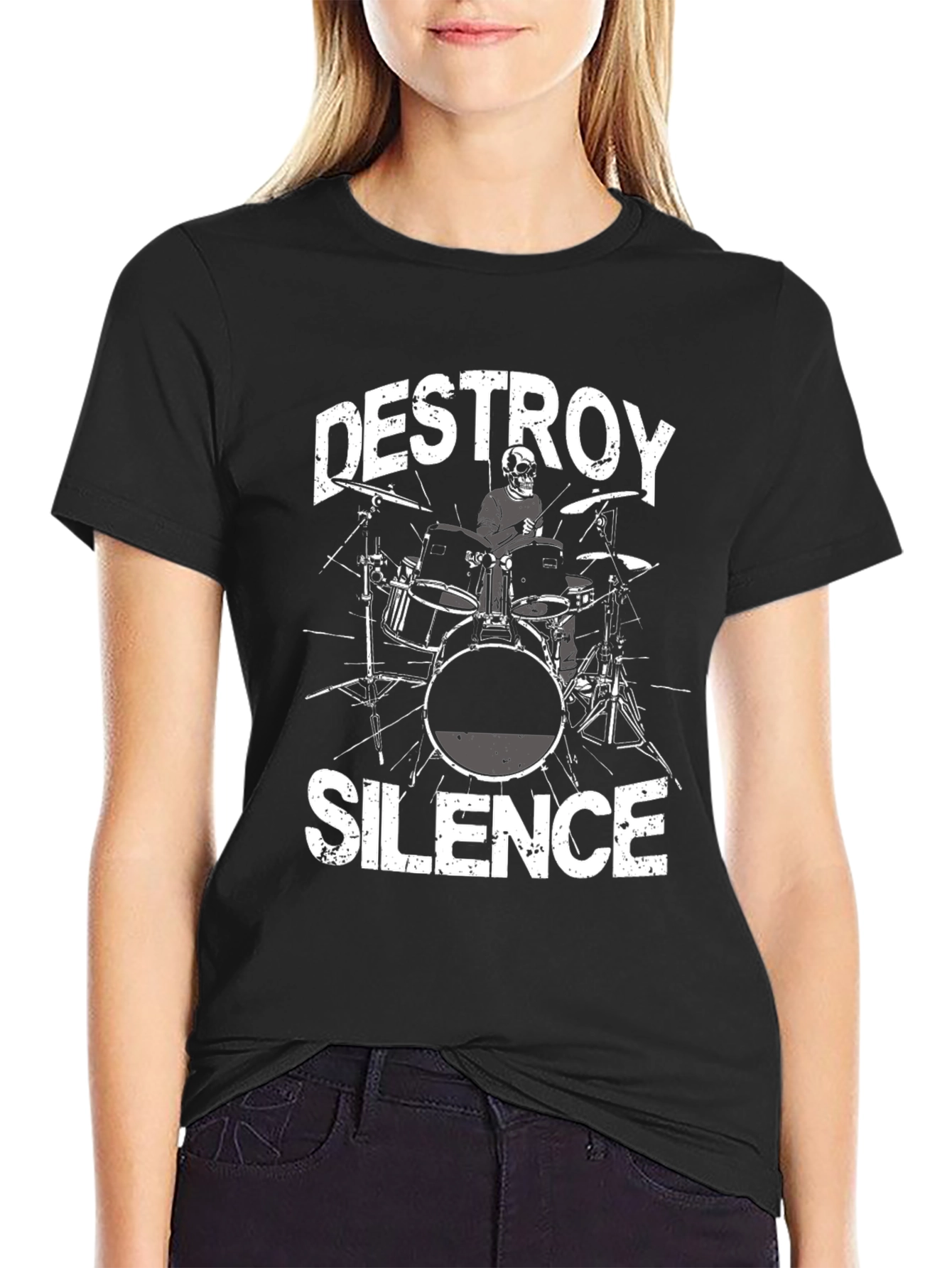 Black Destroy Silence T-Shirt: Drummer Skeleton Tee view 2