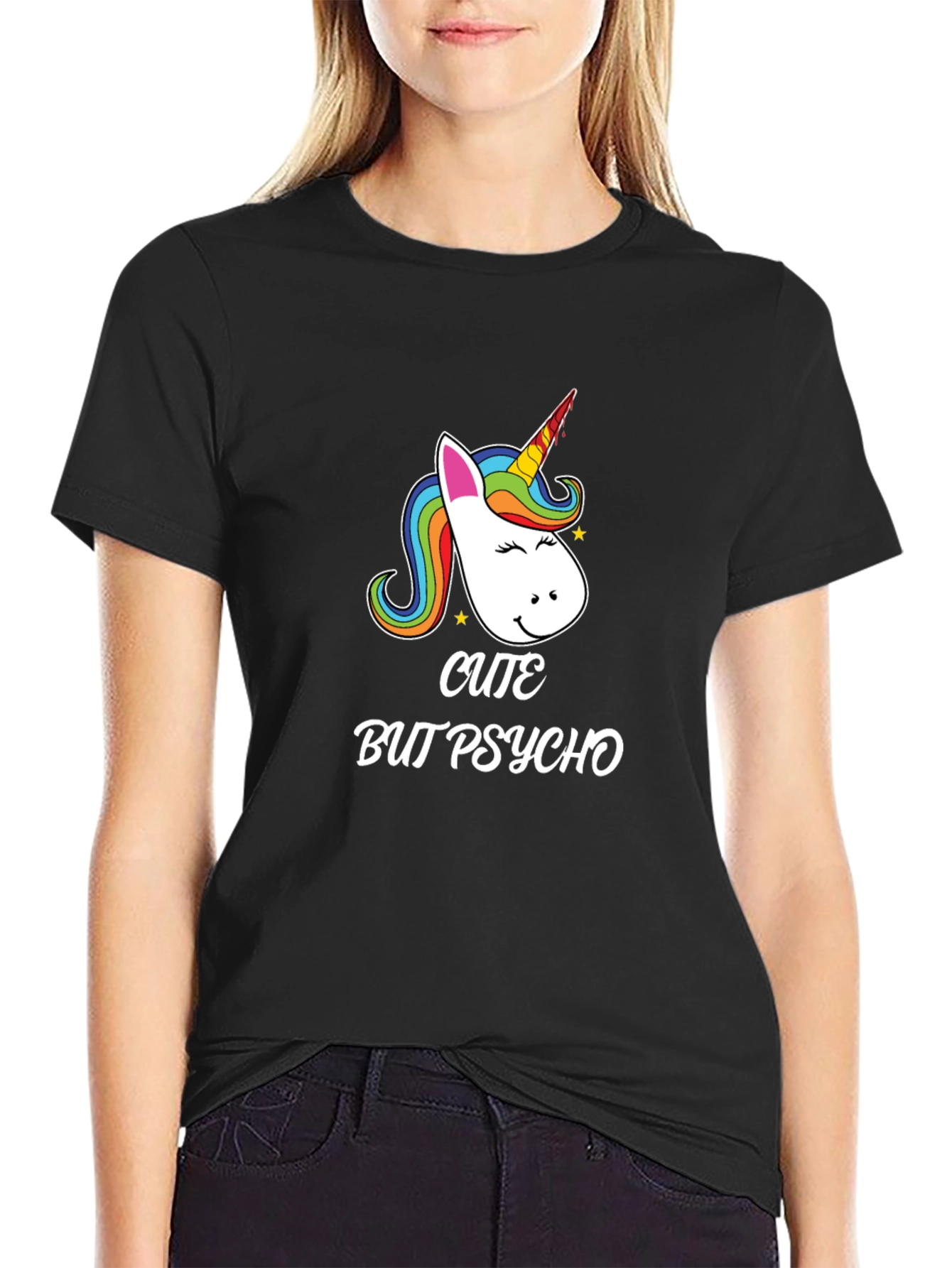 Black Cute But Psycho Unicorn Black Graphic T-Shirt view 2