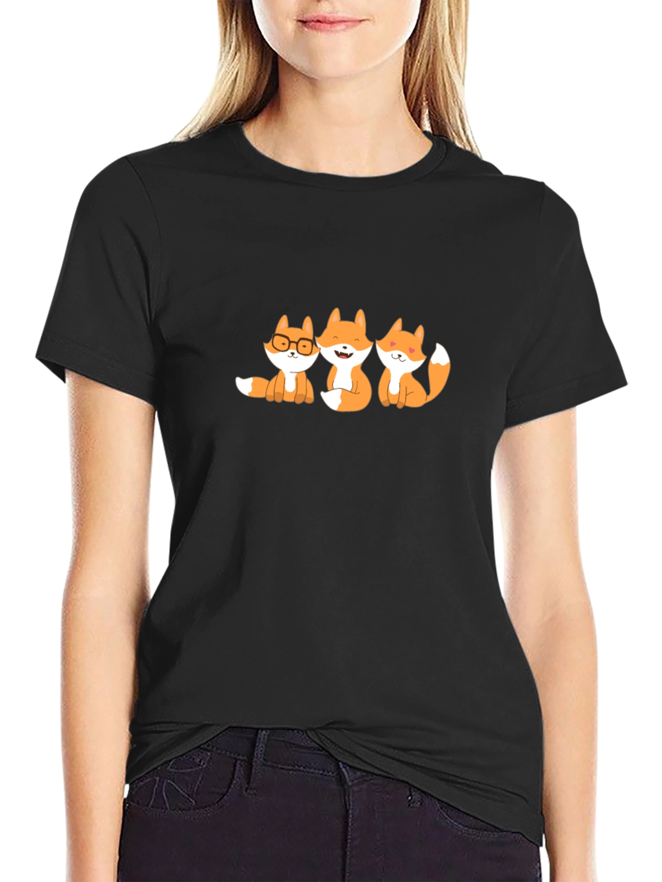 Black Cute Foxes Graphic Tee - Black Cotton Blend view 2