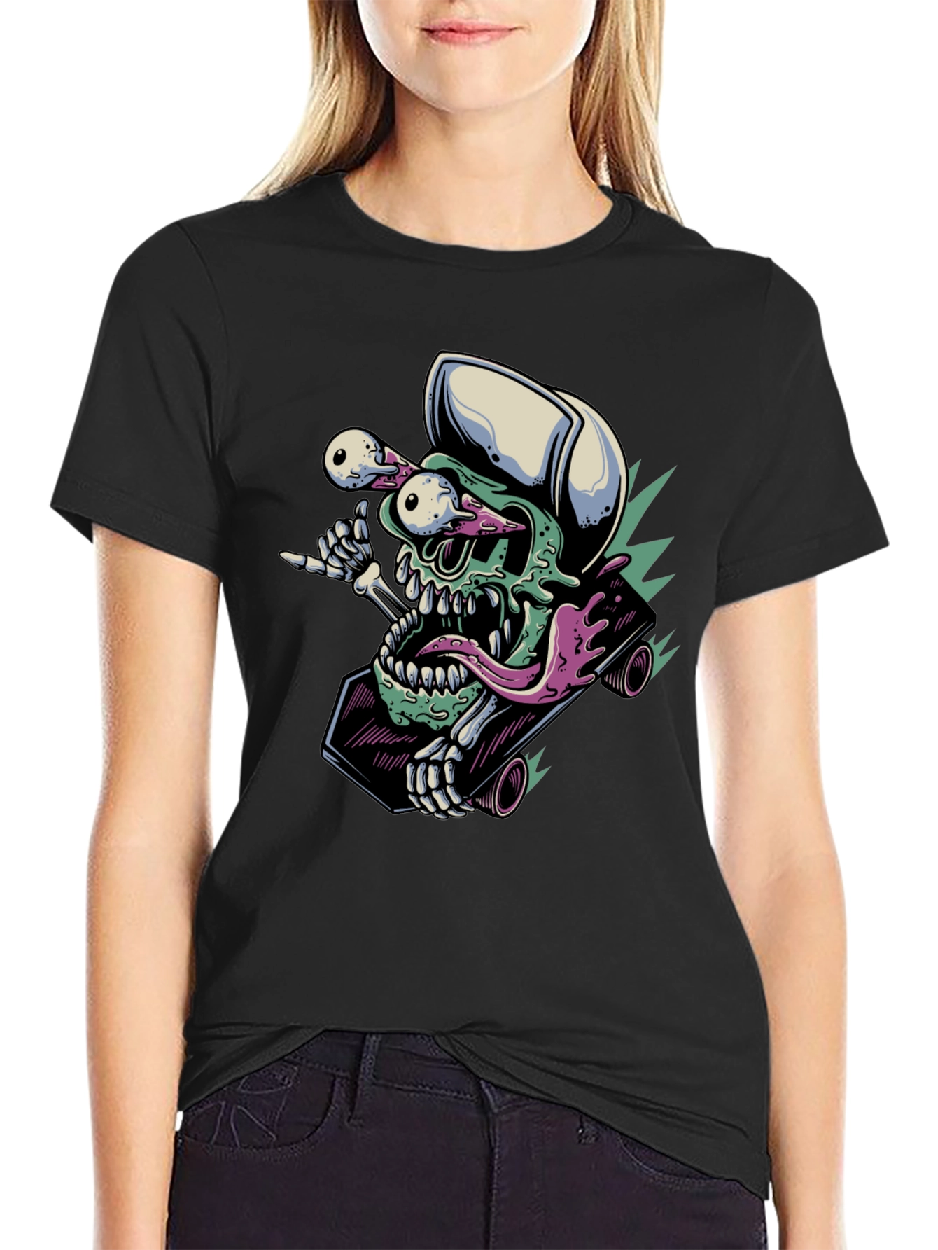 Black Skateboarding Skull T-Shirt - Unique Graphic Tee view 2