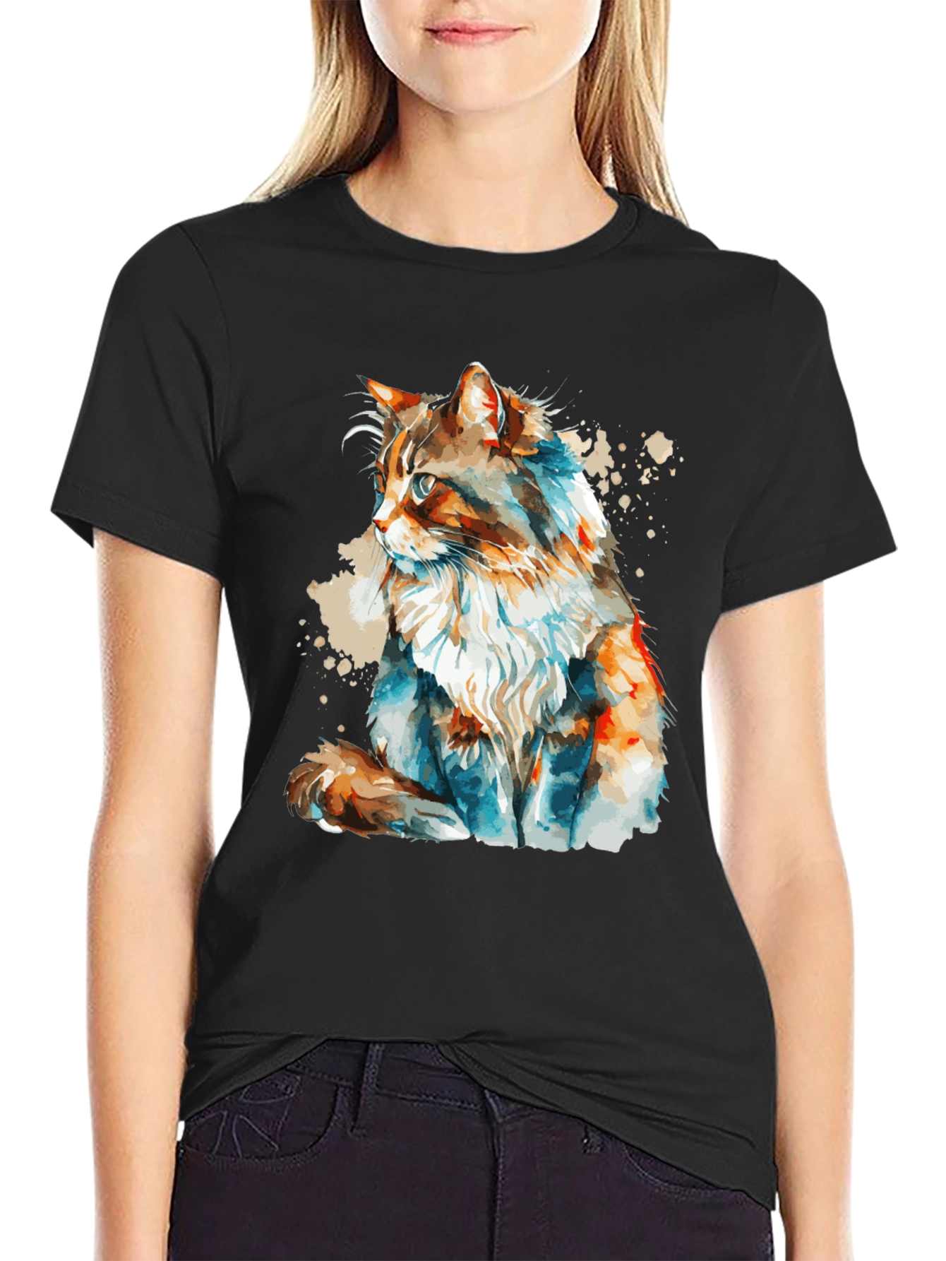 Black Watercolor Cat T-Shirt: Stylish & Unique Design view 2