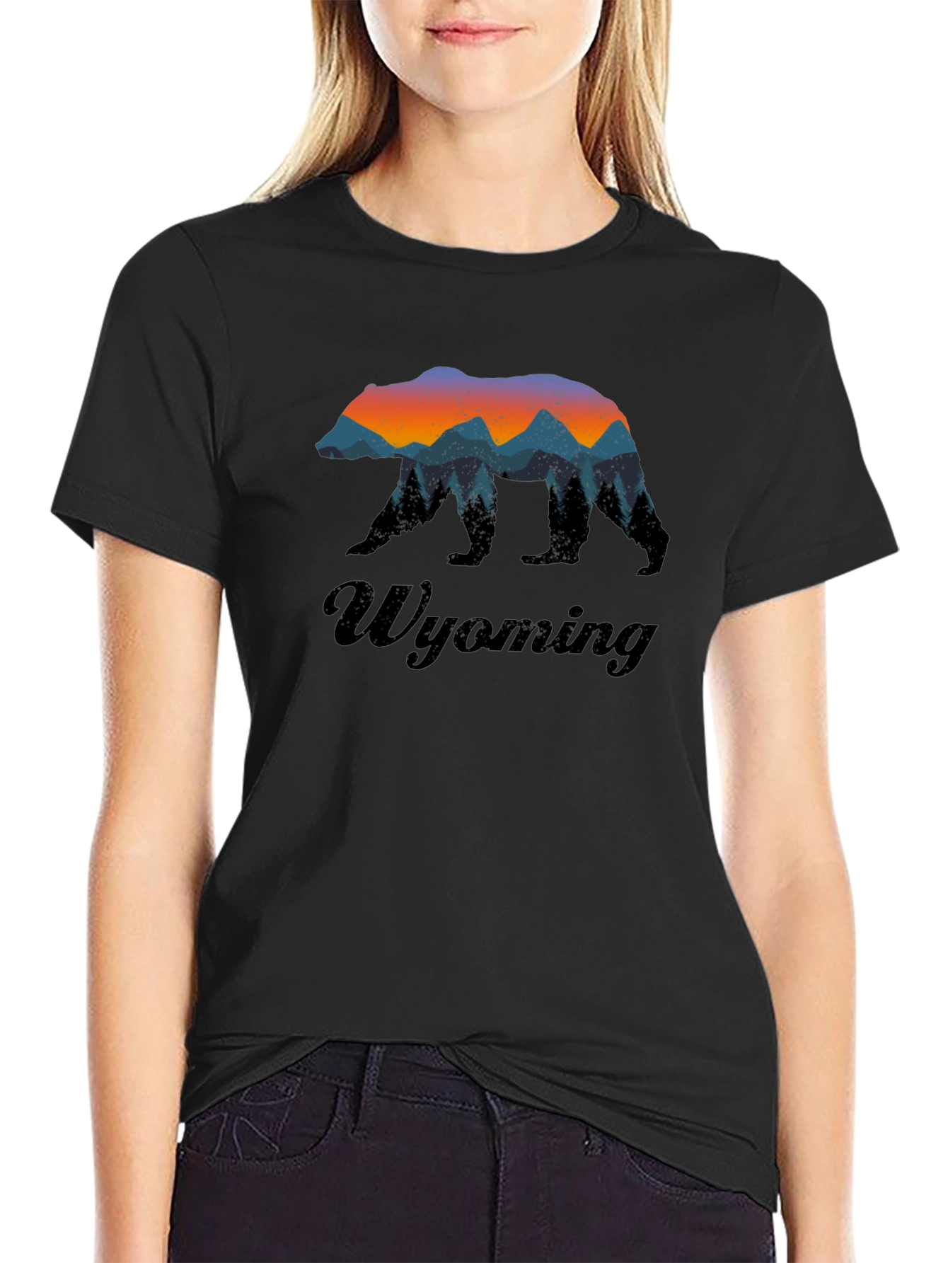 Black Wyoming Bear Silhouette Men's Black Graphic T-Shirt view 2