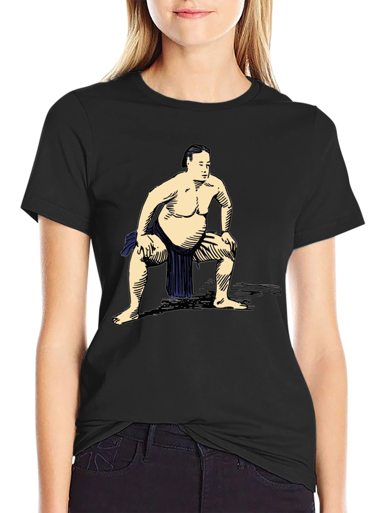 Black Sumo Wrestler Graphic T-Shirt - Casual Black Tee view 2