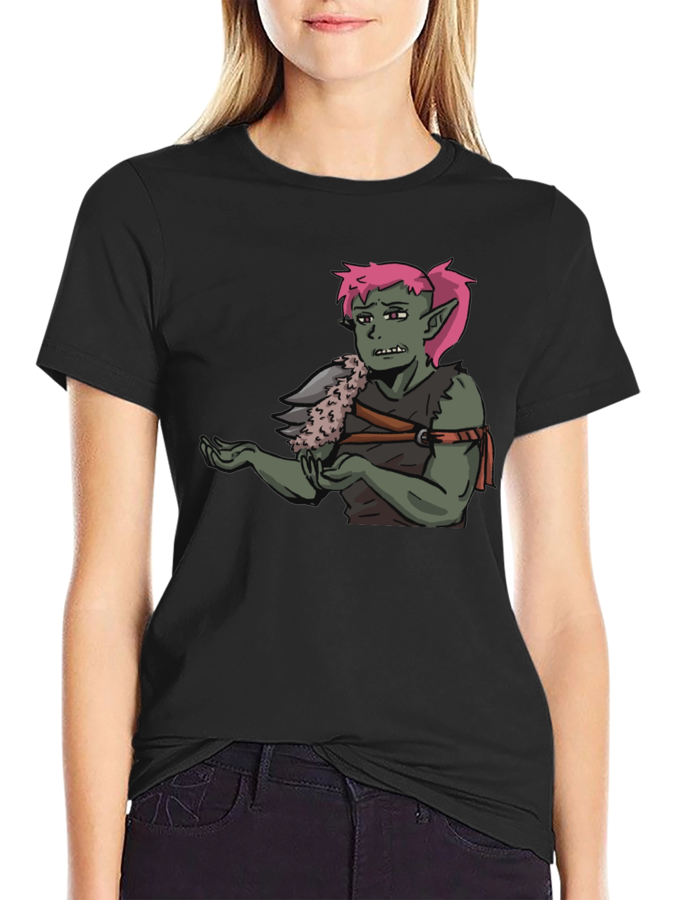 Black T-Shirt Featuring Green Character Graphic view 2