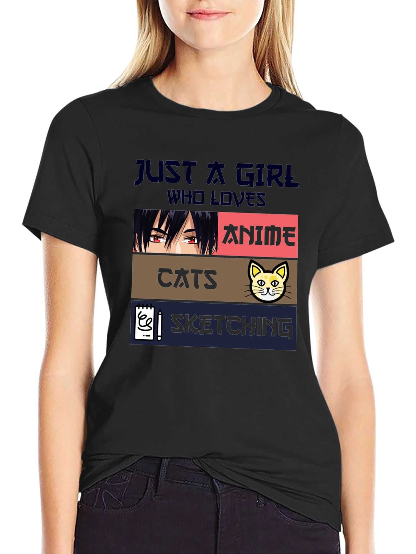 Black Anime Cats Sketching Girl's T-Shirt view 2