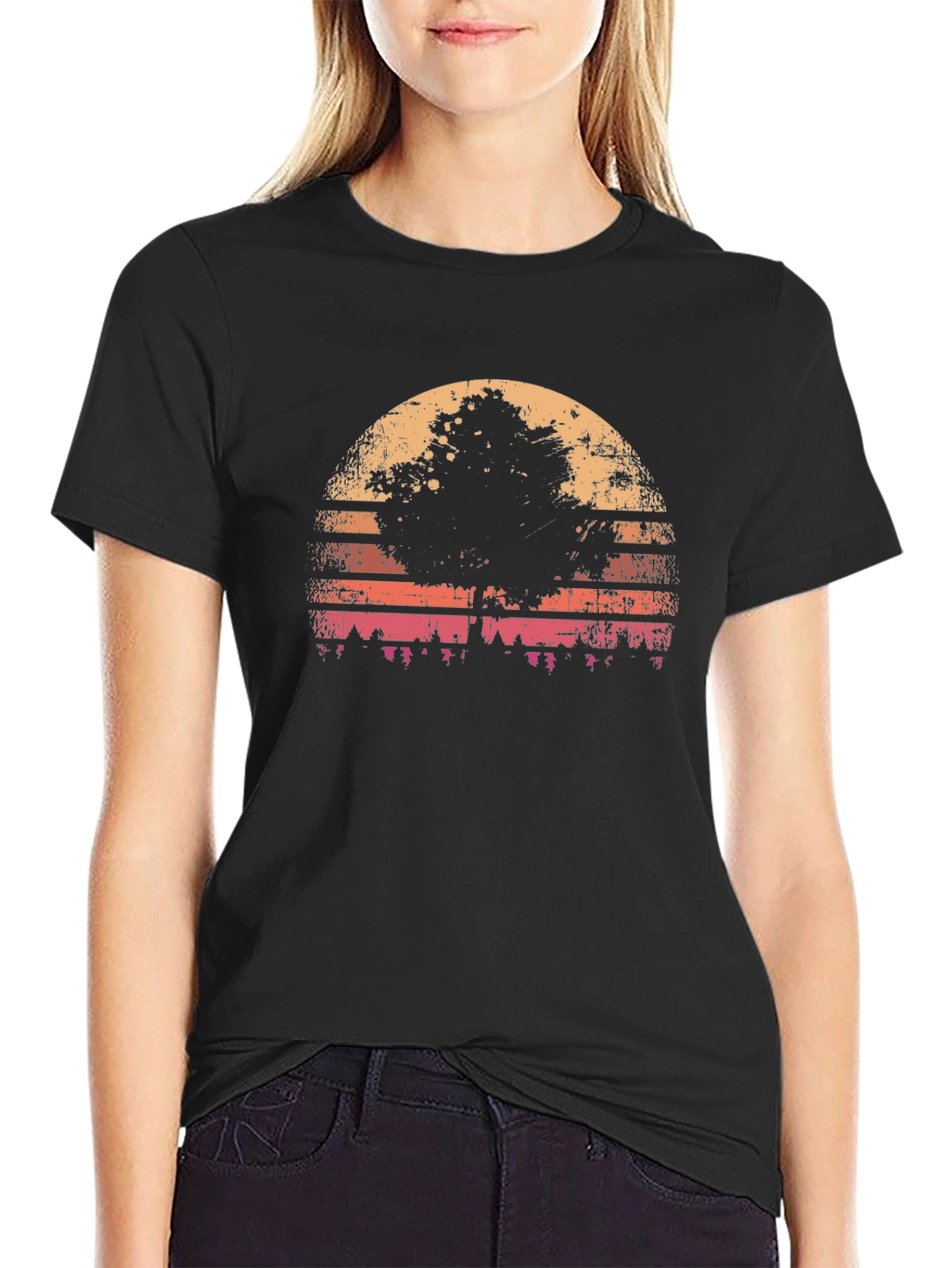 Black Retro Sunset Tree Graphic Tee view 2