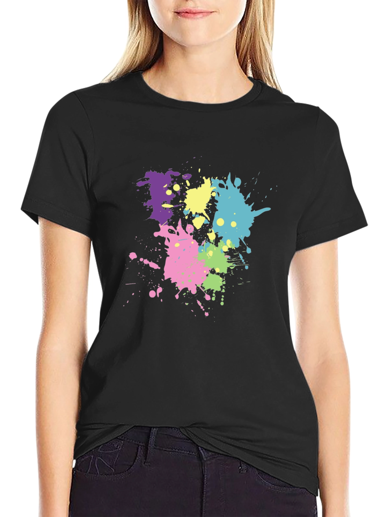 Black Men's Black T-Shirt with Colorful Paint Splatter Design view 2