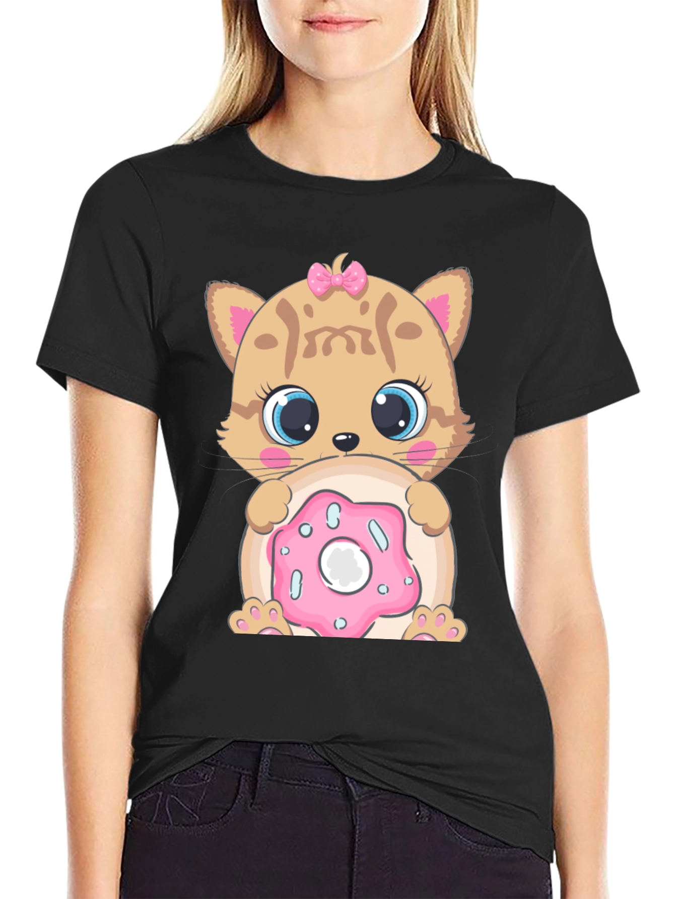 Black Cute Cat & Donut Graphic T-Shirt view 2