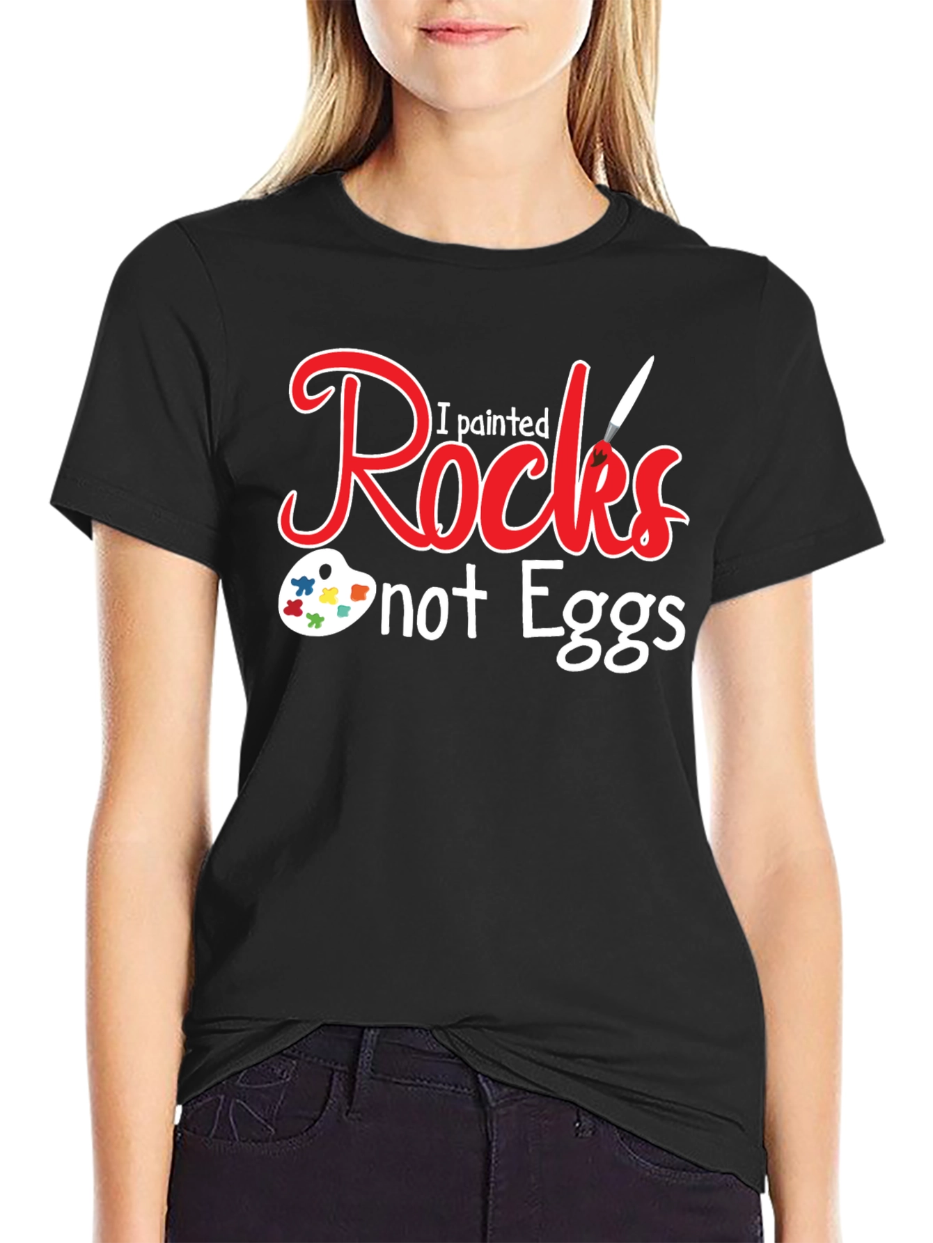 Black I Painted Rocks Not Eggs Black T-Shirt view 2