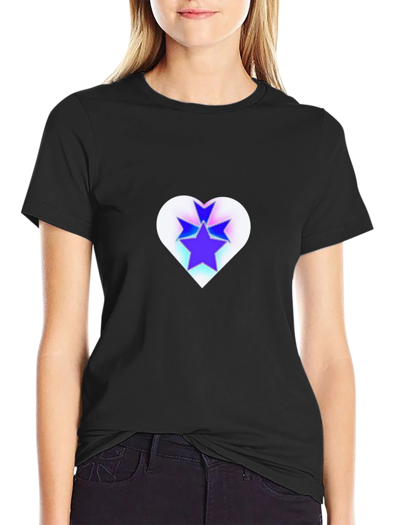 Black Stylish Black Tee with Heart & Stars Graphic view 2