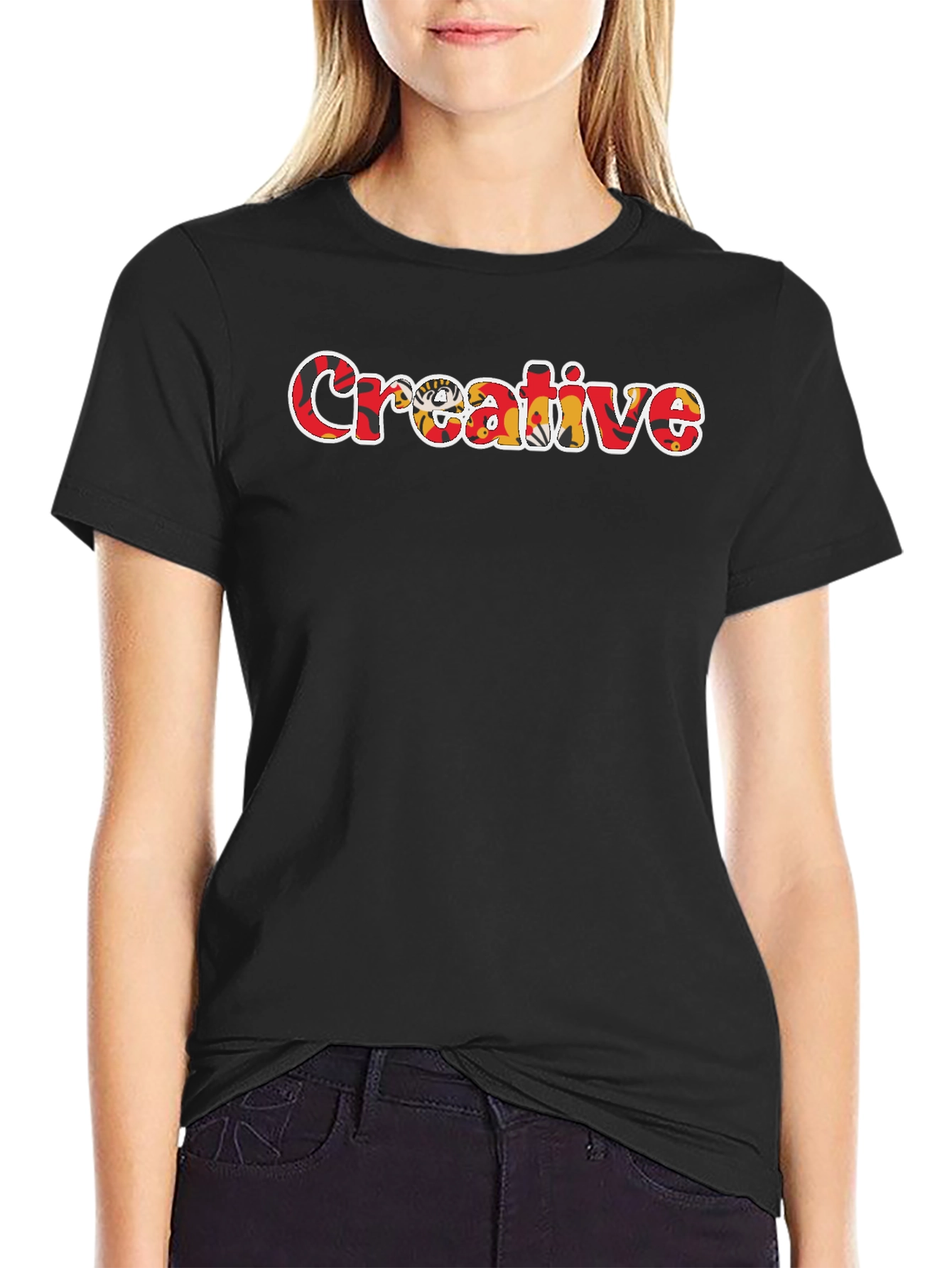 Black Creative Graphic Print Crew Neck T-Shirt view 2