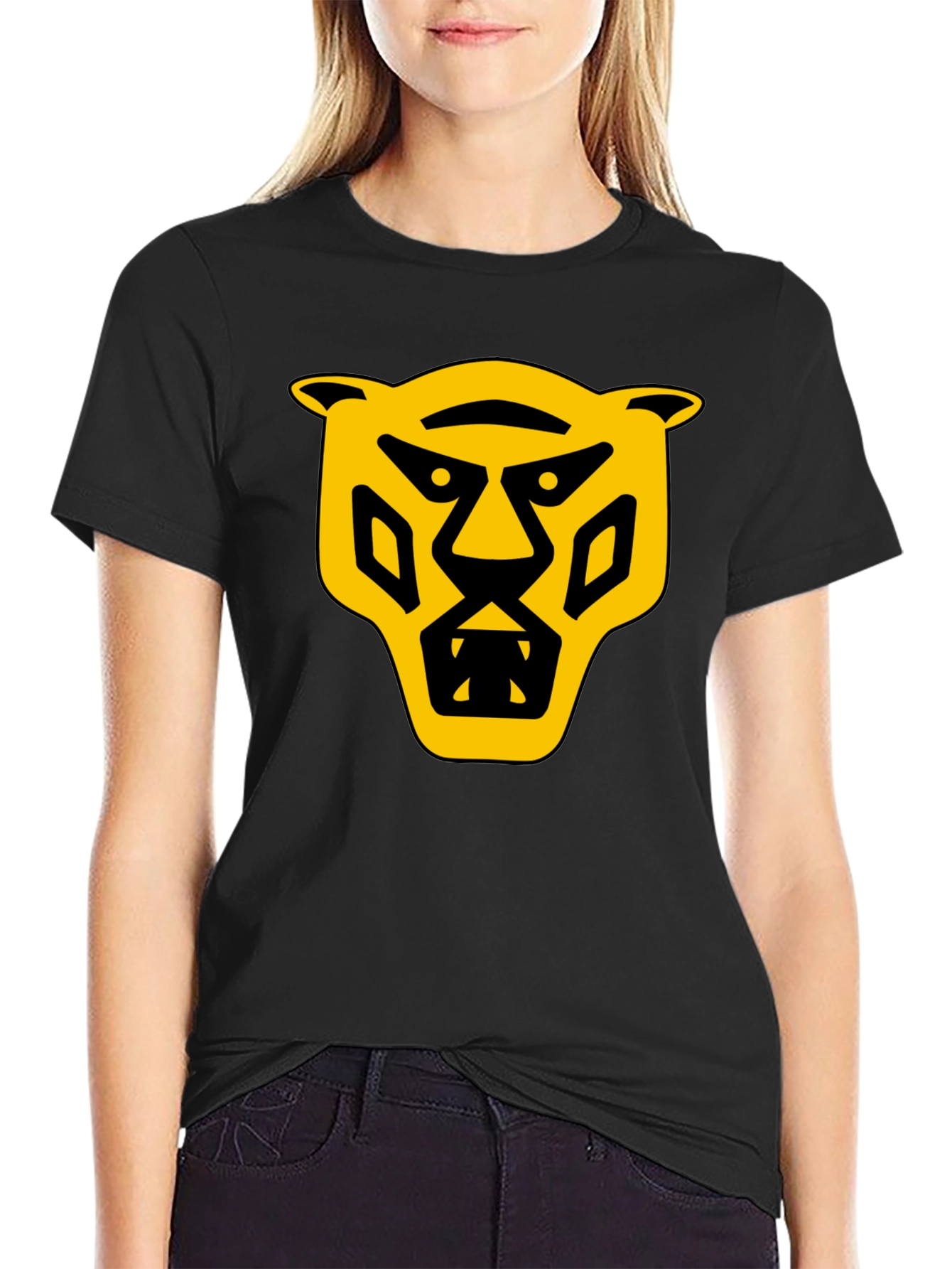 Black Bold Graphic T-Shirt: Yellow Panther Design view 2