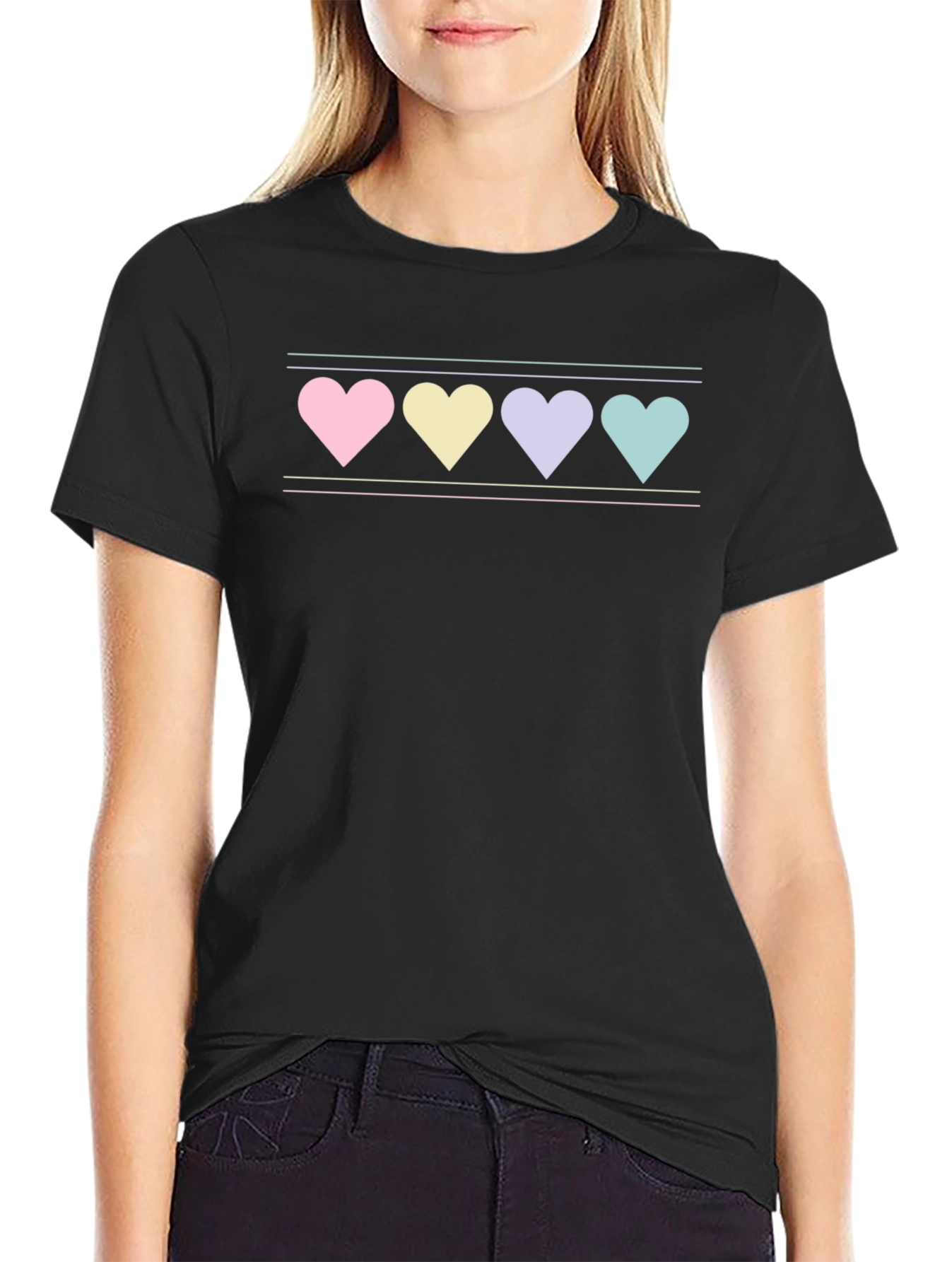 Black Pastel Hearts Graphic Tee - Black Cotton Blend Shirt view 2