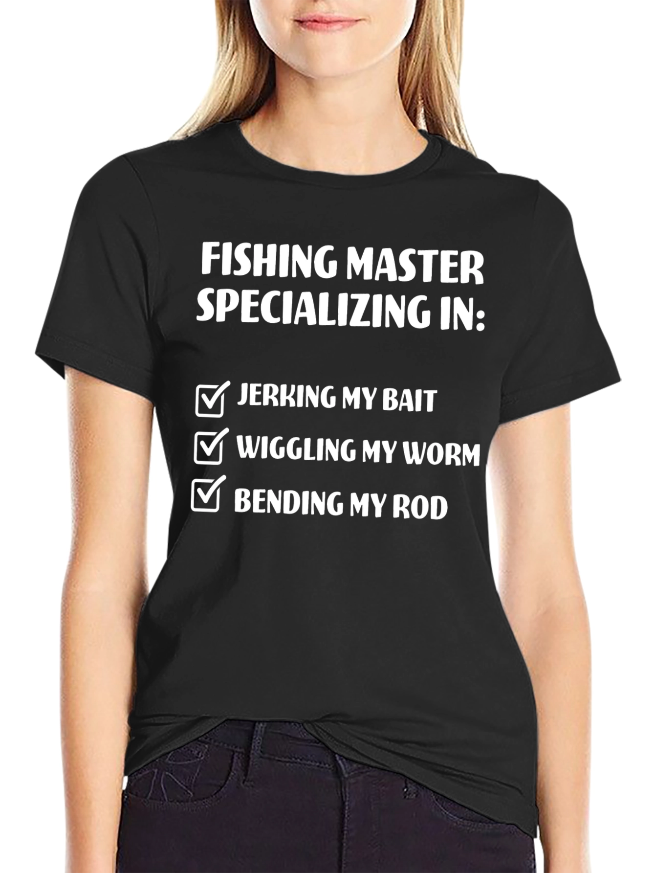 Black Fishing Master T-Shirt - Jerking Bait, Wiggling Worm, Bending Rod view 2