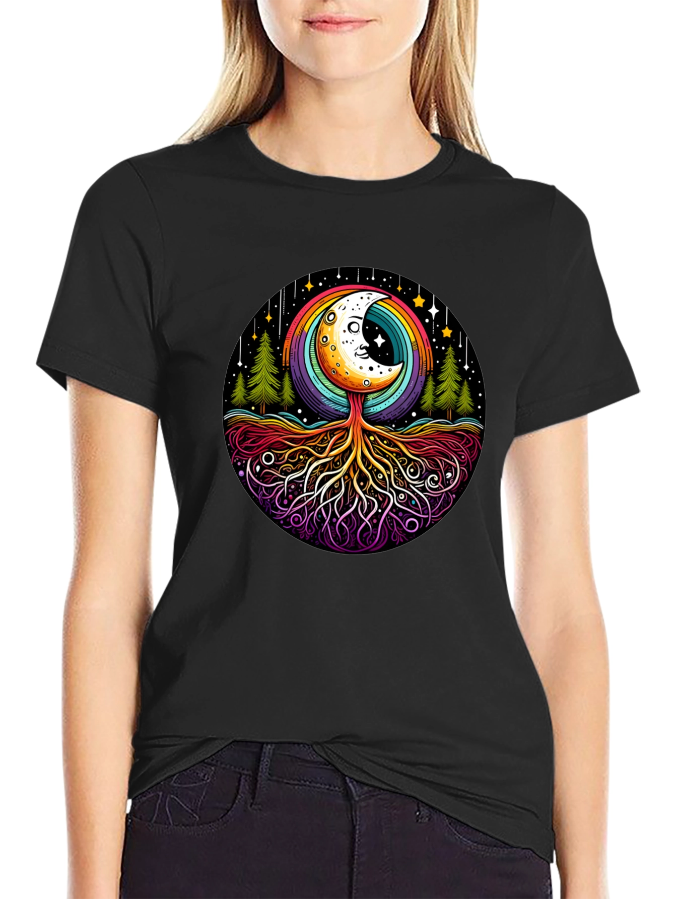 Black Rainbow Moon Tree Graphic Tee - Black Cotton Blend view 2