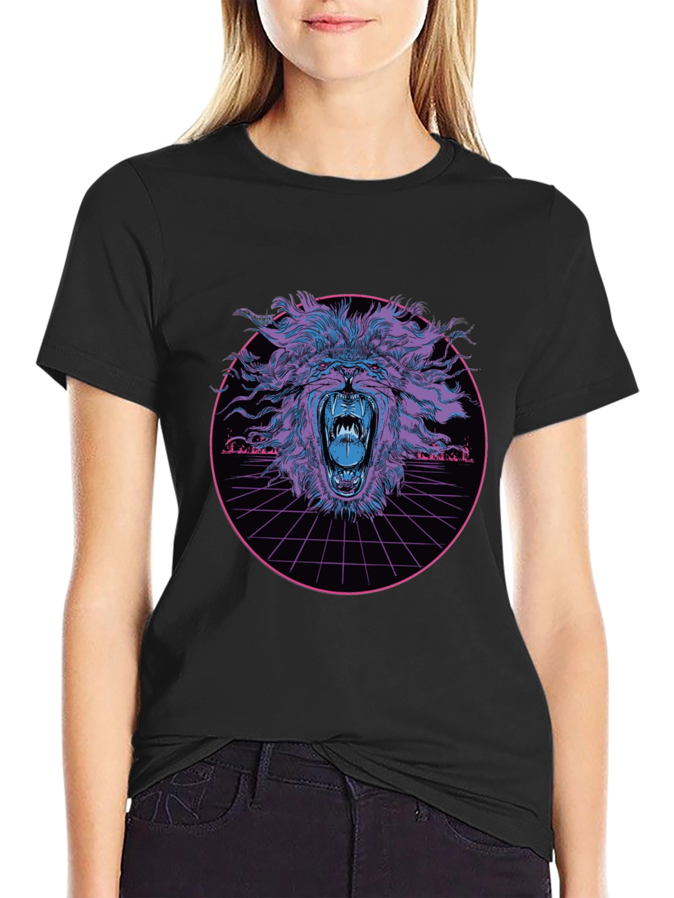 Black Roaring Lion Graphic Tee - Cyberpunk Style view 2
