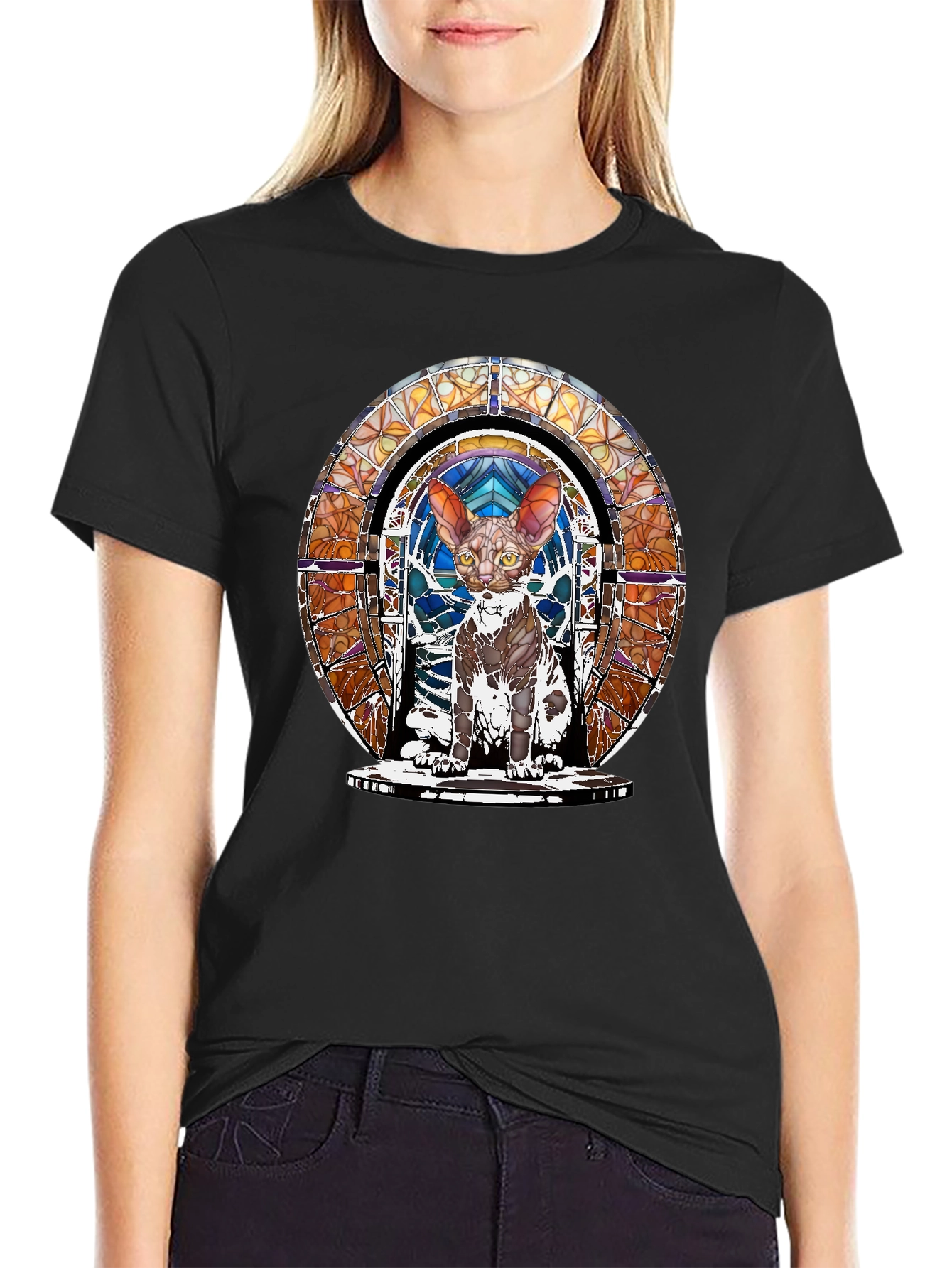 Black Stained Glass Cat T-Shirt - Unique Art Tee view 2