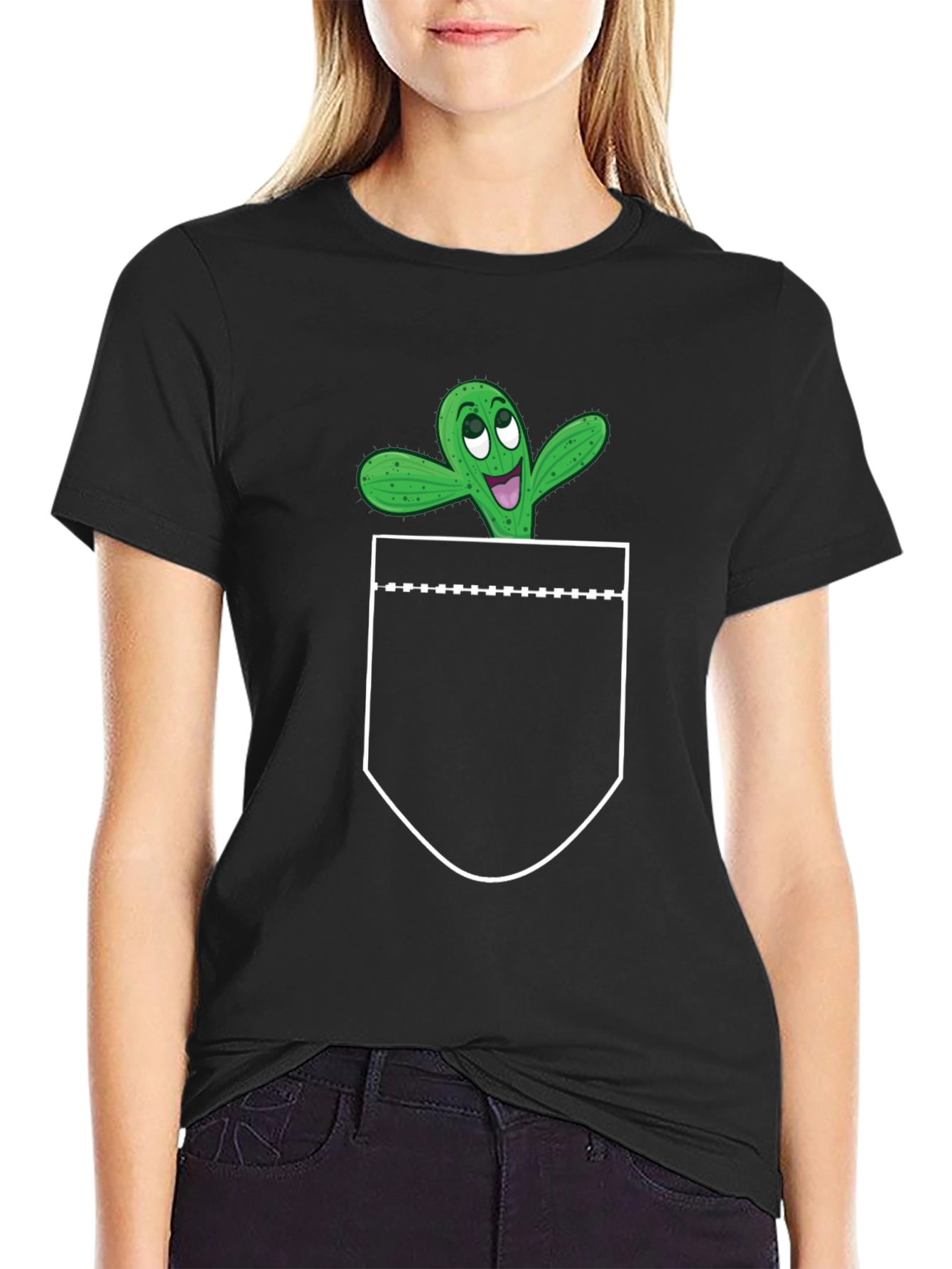 Black Cactus Pocket Graphic Tee - Fun Novelty T-Shirt view 2