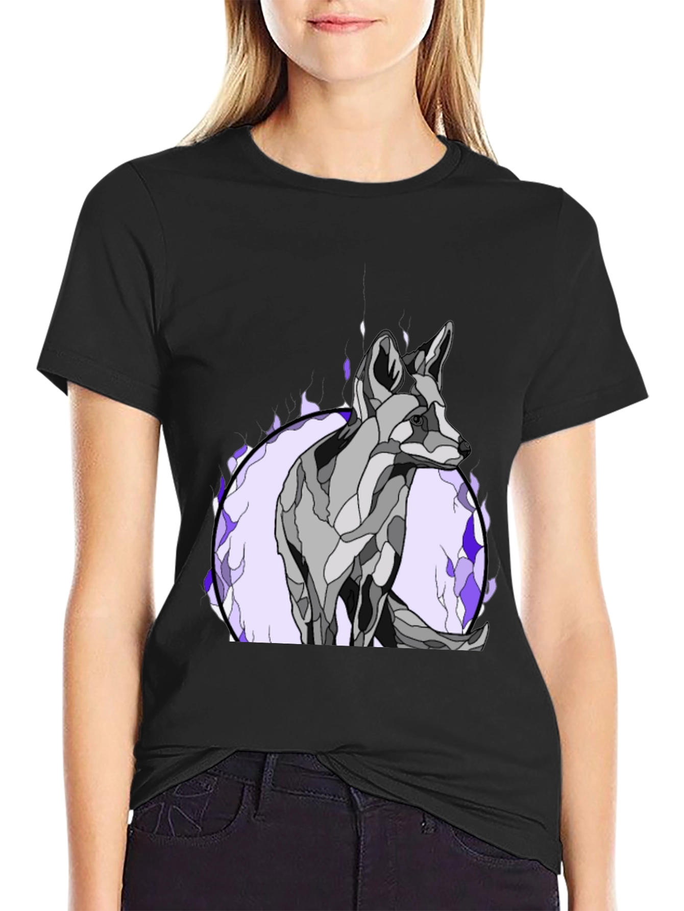 Black Abstract Wolf Graphic Tee - Black Cotton Blend view 2