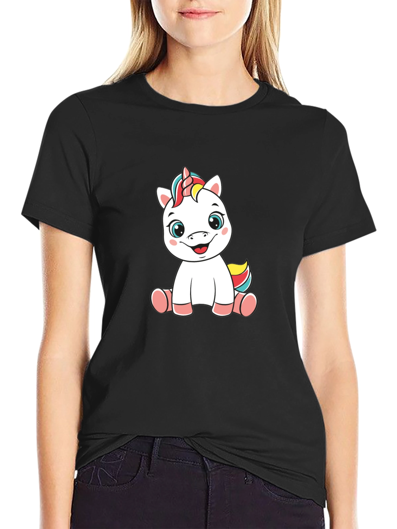 Black Unicorn Cartoon Black T-Shirt view 2
