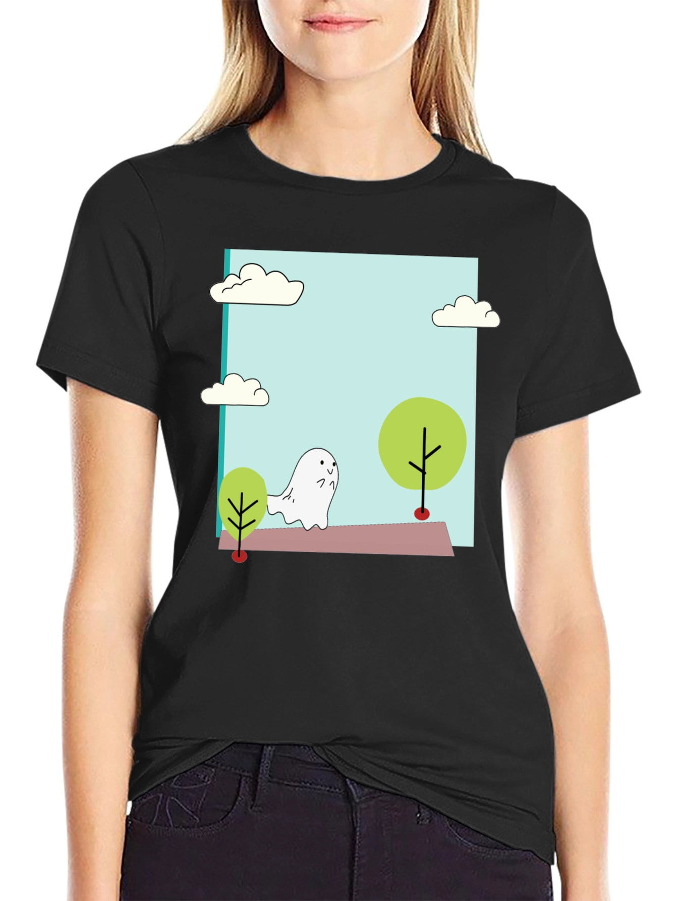 Black Cute Cartoon Ghost T-Shirt view 2