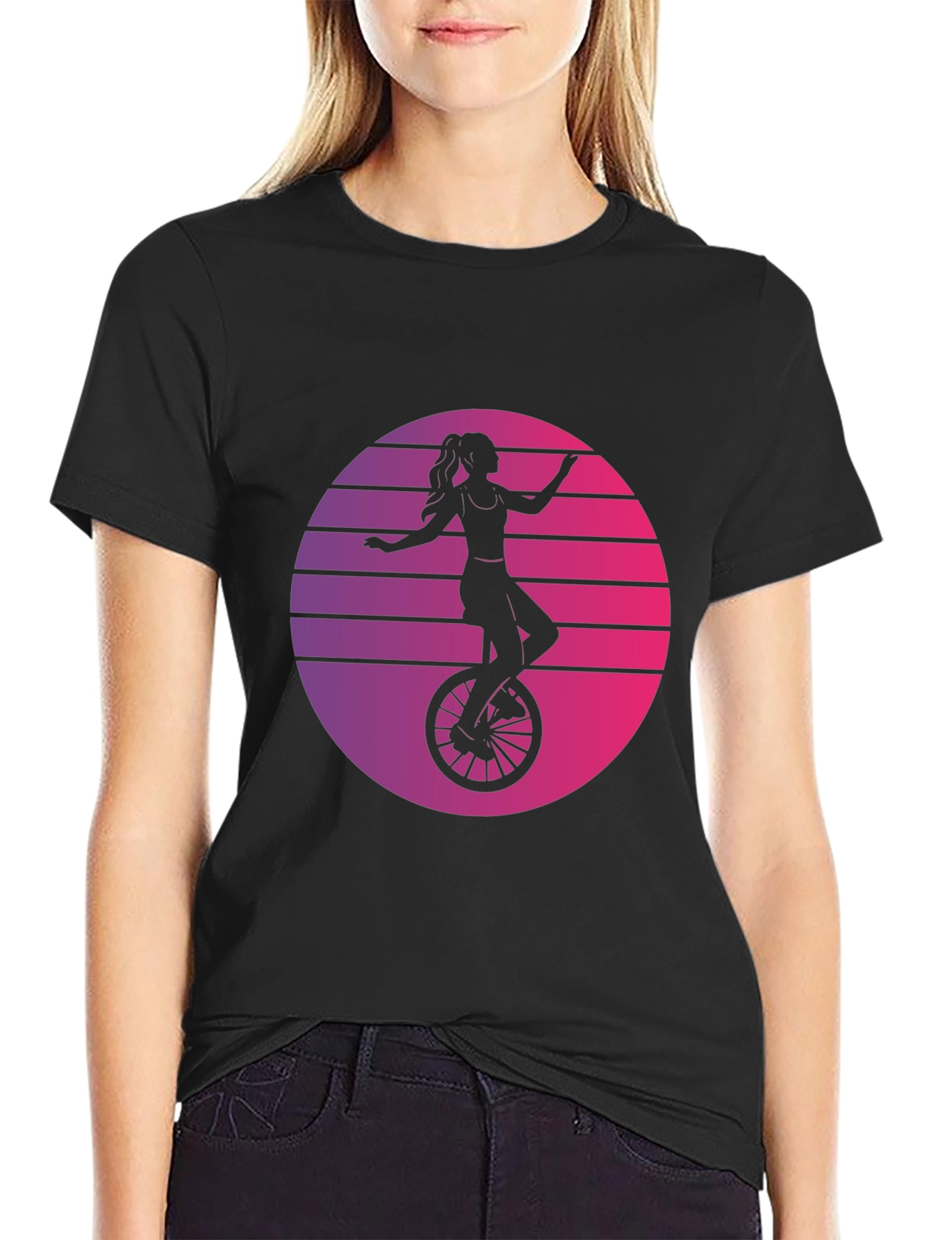 Black Retro Unicycle Woman T-Shirt - Black view 2