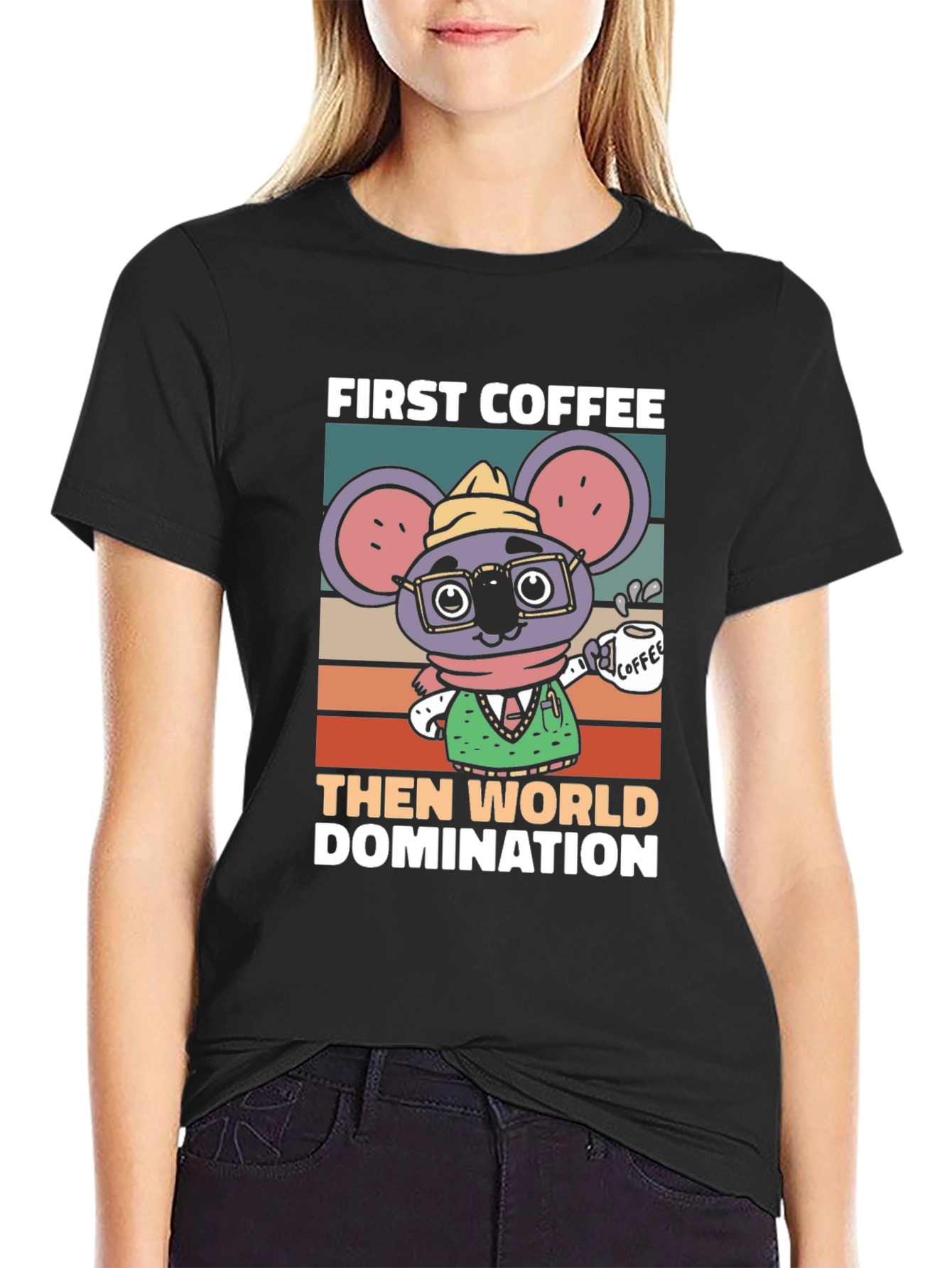 Black First Coffee Then World Domination T-Shirt view 2