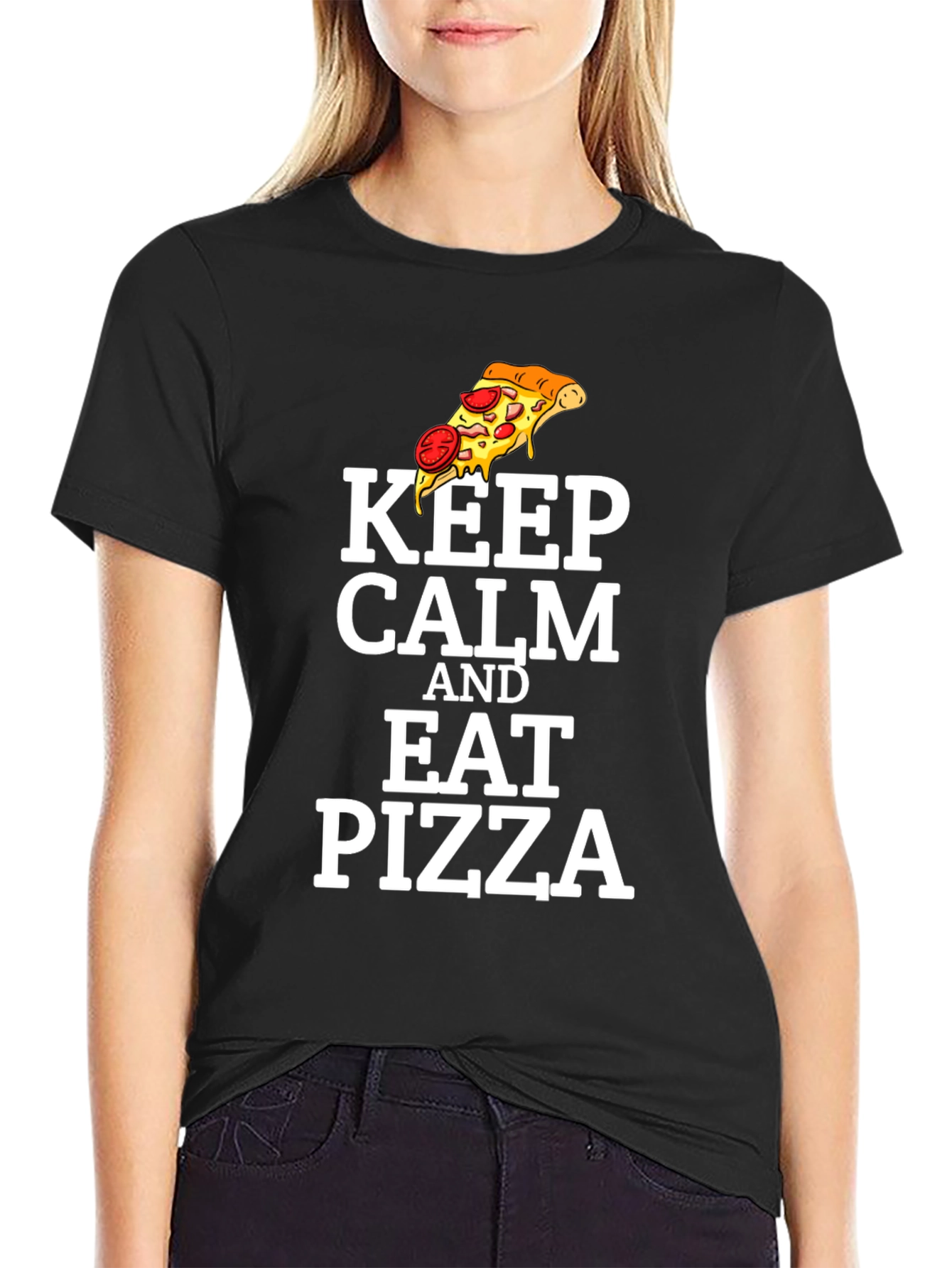 Black Keep Calm and Eat Pizza Graphic T-Shirt view 2