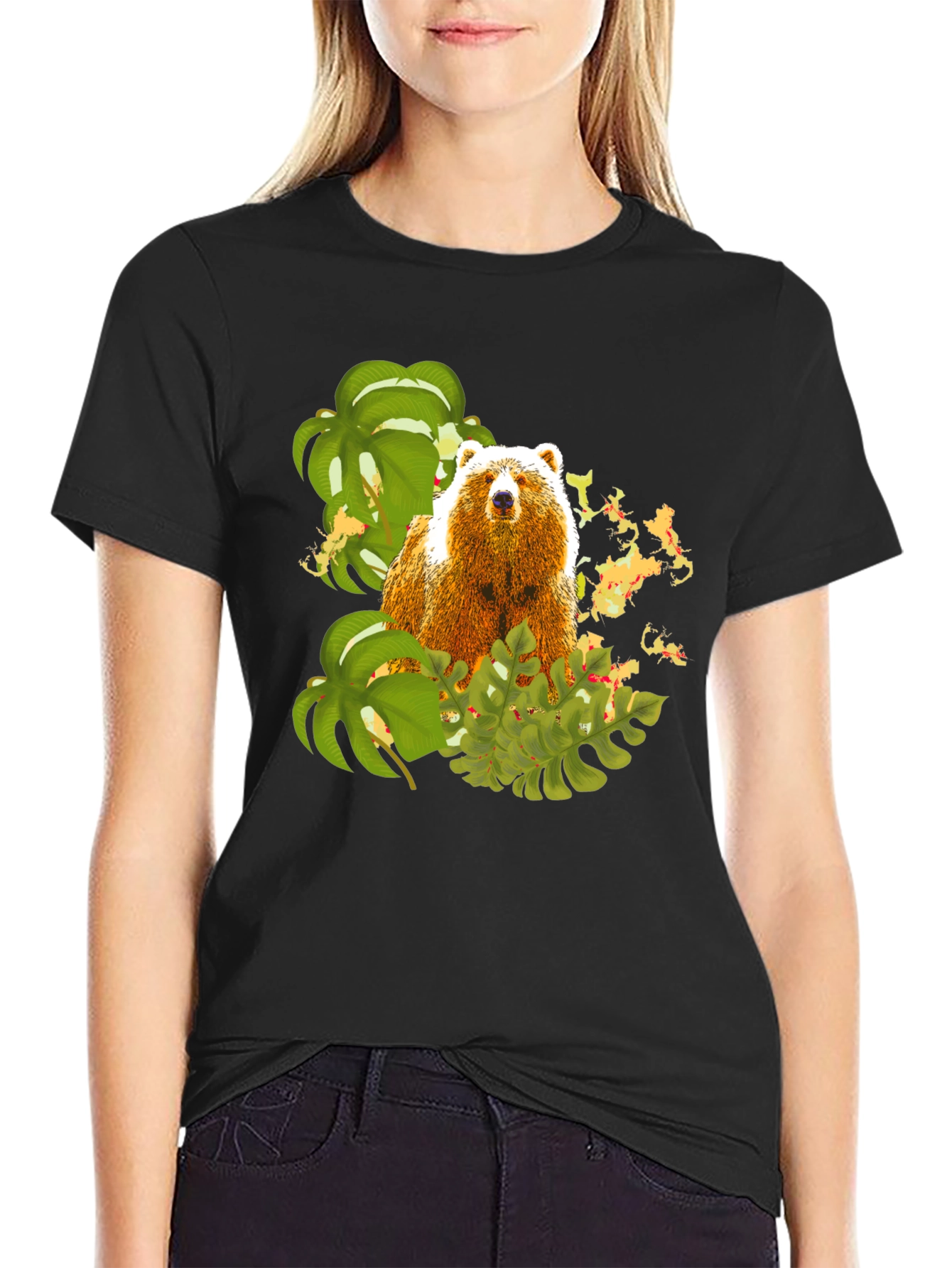 Black Bear and Tropical Leaves Graphic Tee view 2