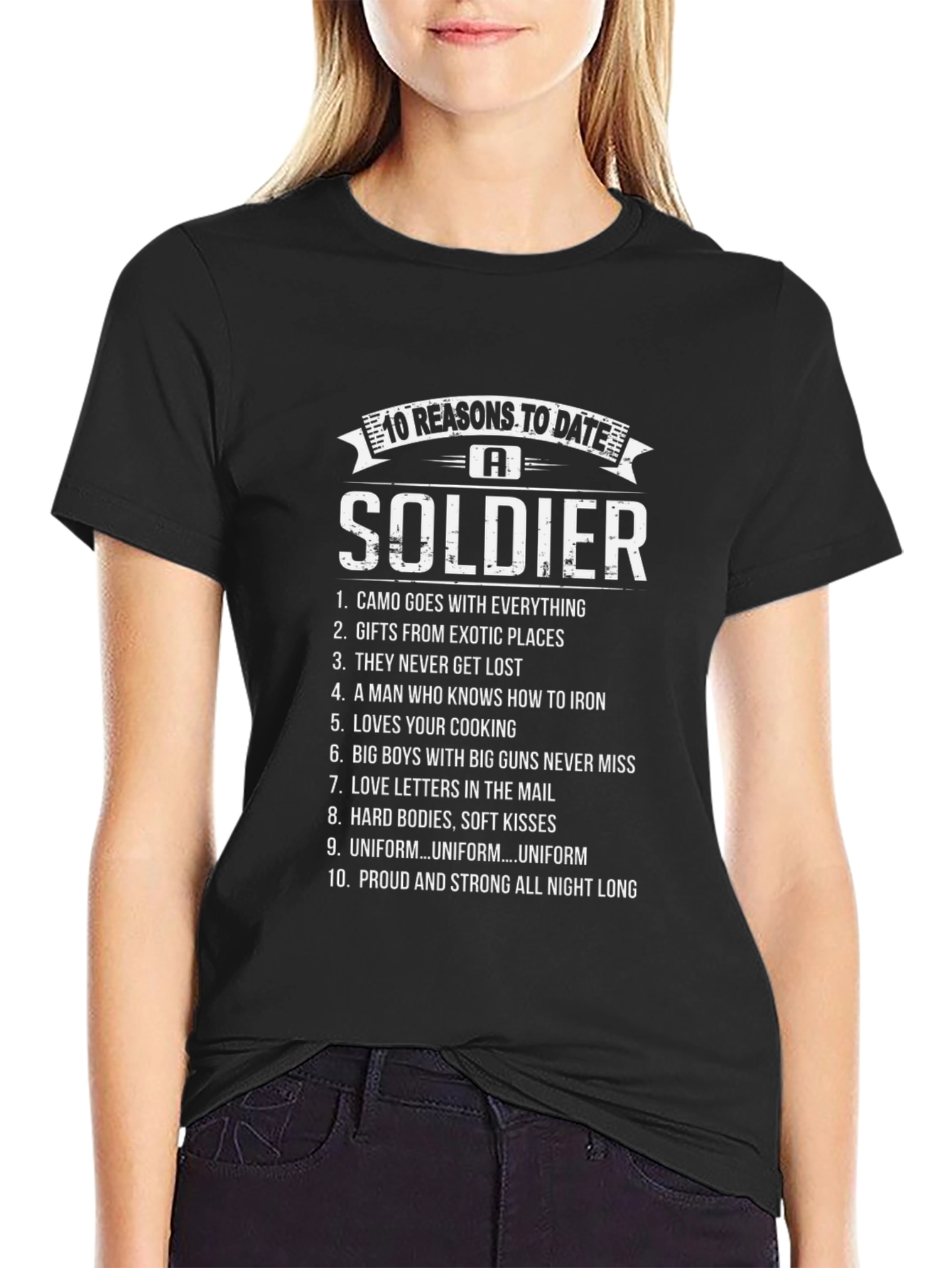 Black 10 Reasons to Date a Soldier Graphic Tee view 2