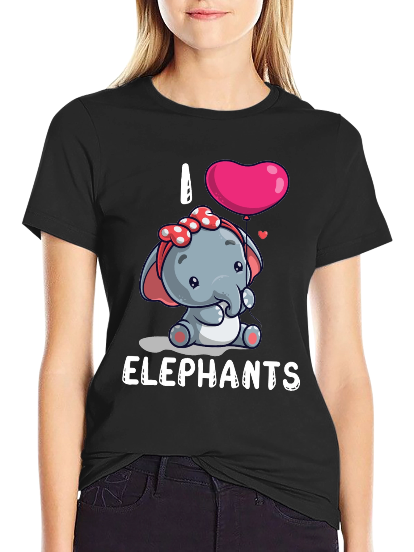 Black I Love Elephants Cartoon T-Shirt view 2