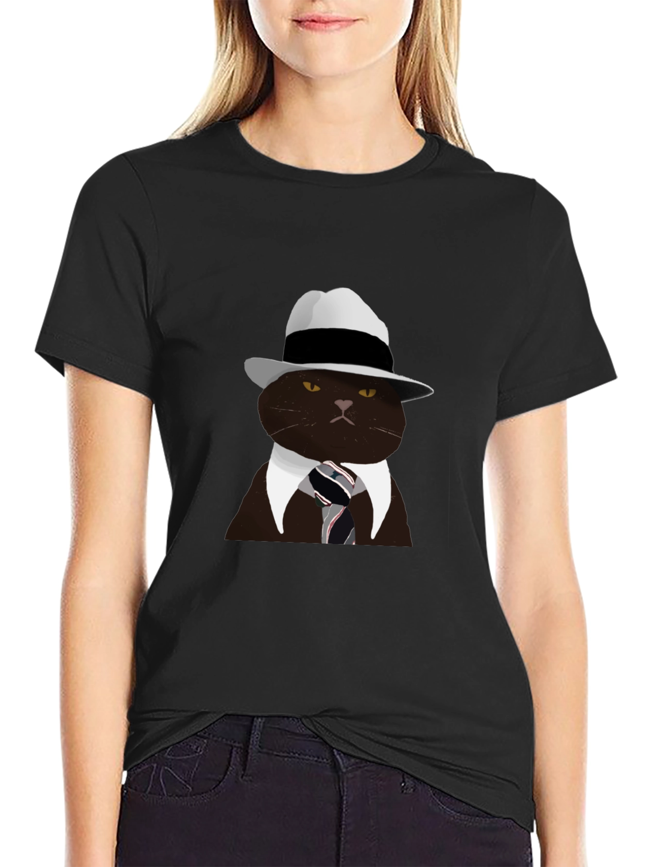 Black Cool Cat Fedora T-Shirt - Black view 2
