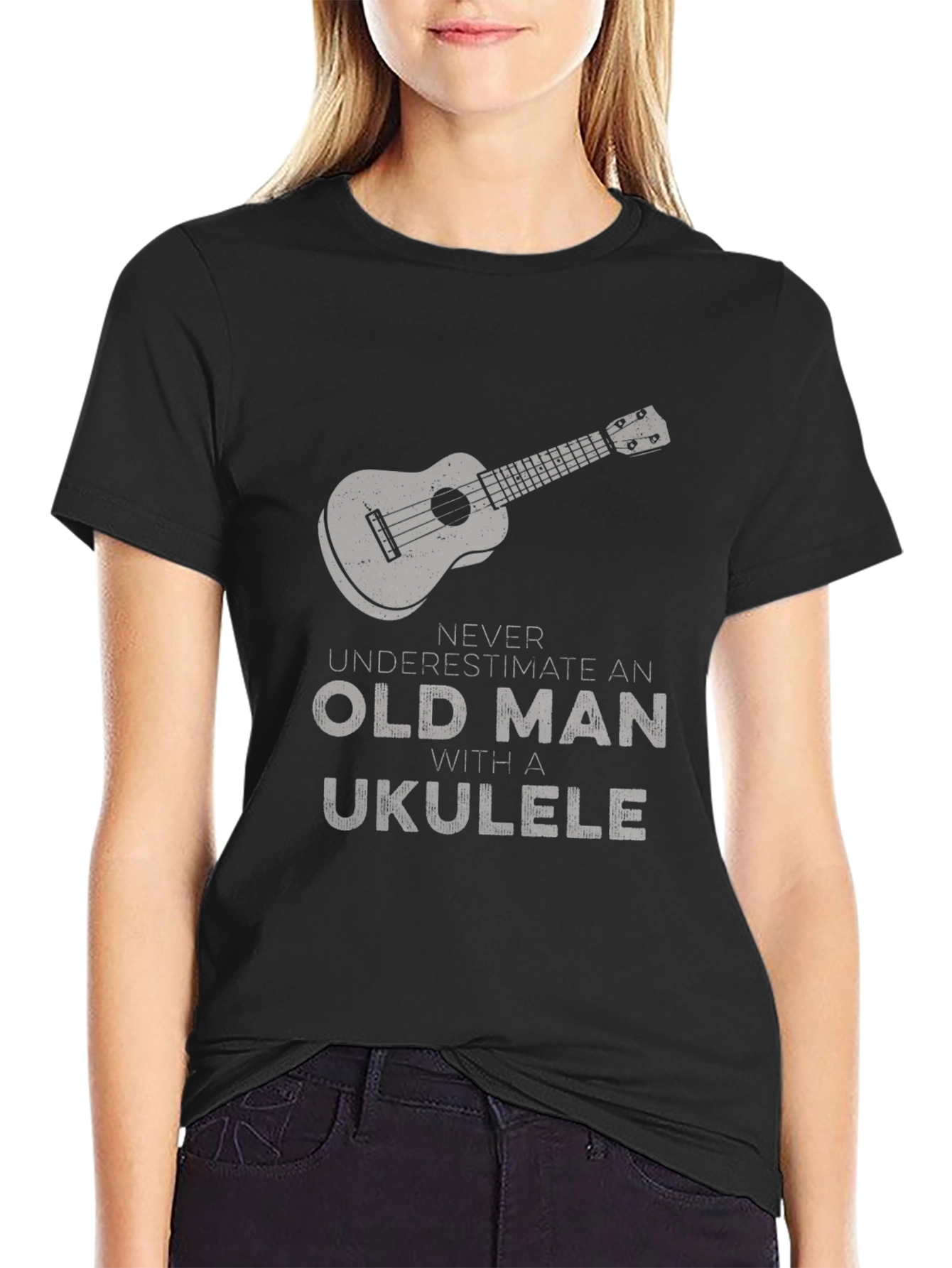 Black Old Man Ukulele T-Shirt - Funny Musician Tee view 2